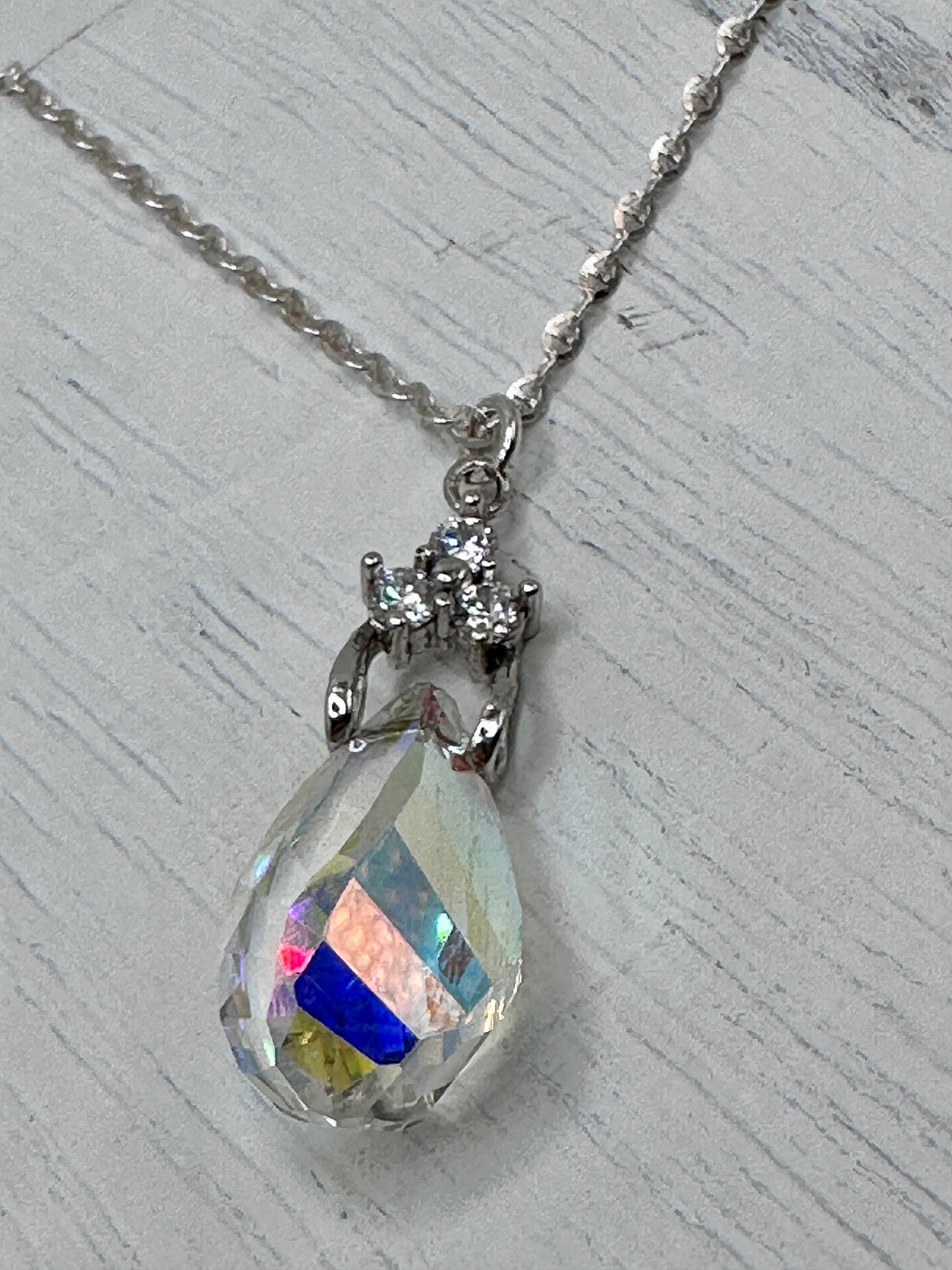 Crystal Teardrop Necklace Pendant on a Sterling Silver 18” Necklace AB / Clear with Rhinestone Accents