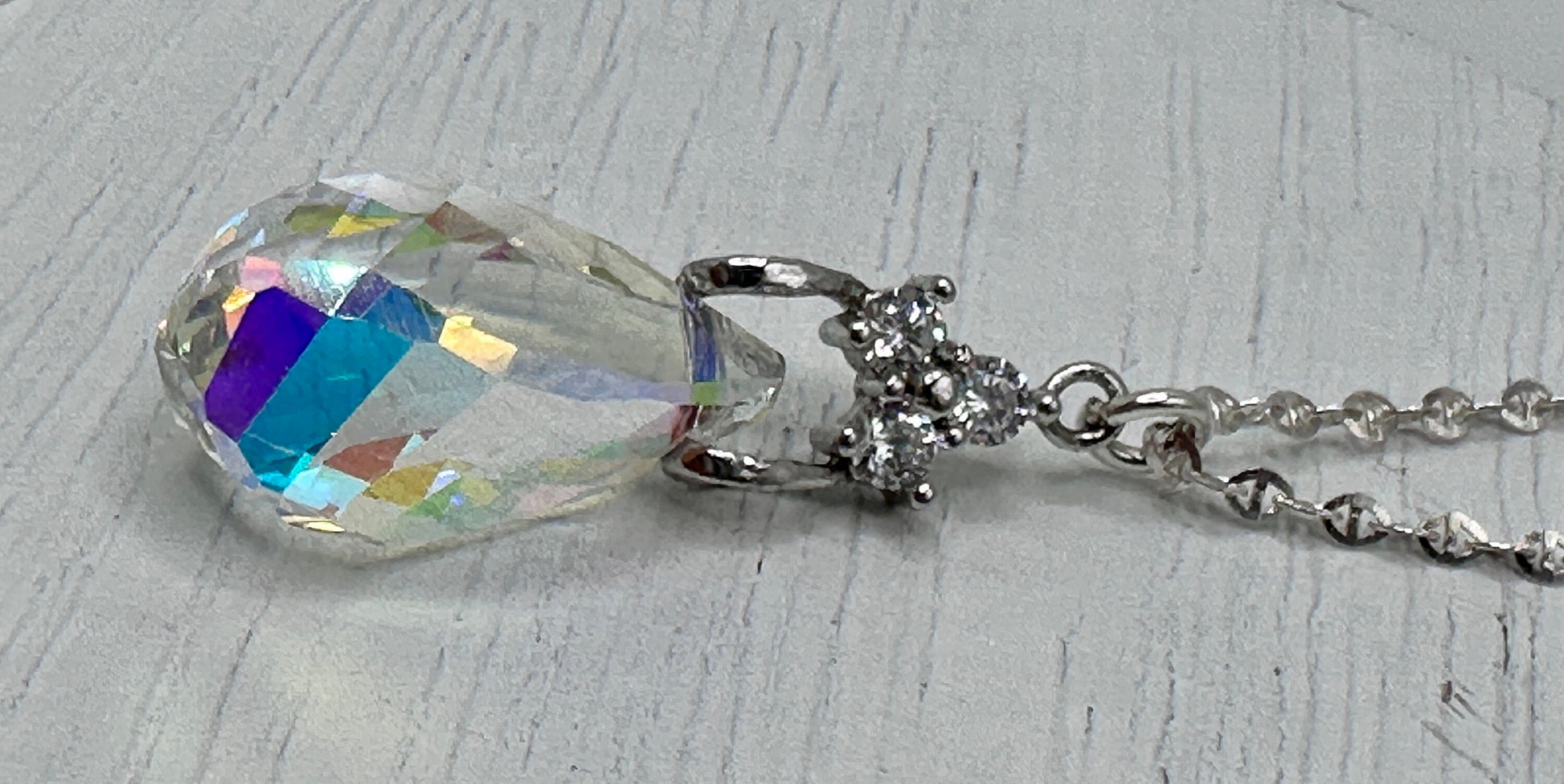 Crystal Teardrop Necklace Pendant on a Sterling Silver 18” Necklace AB / Clear with Rhinestone Accents