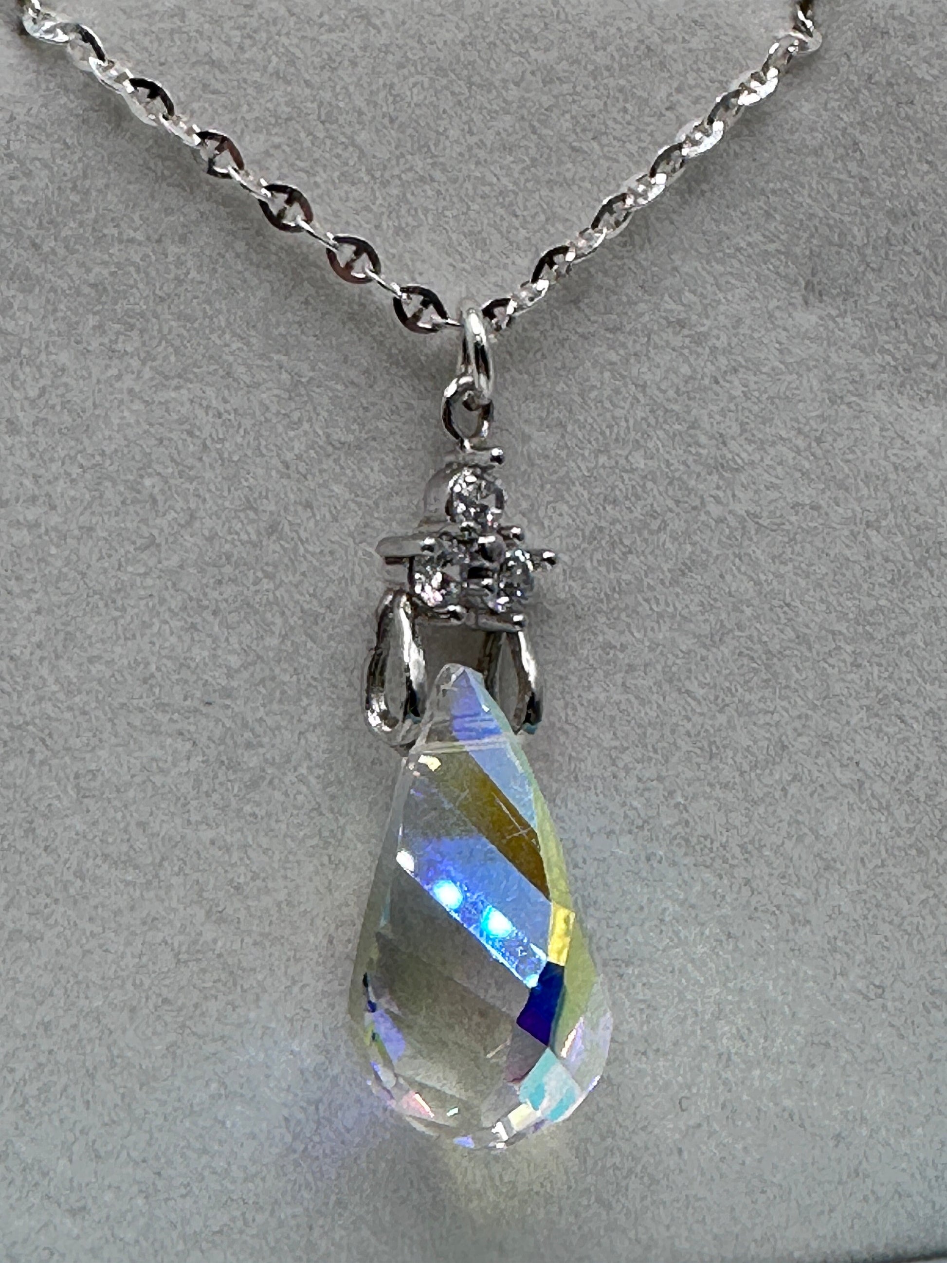 Crystal Teardrop Necklace Pendant on a Sterling Silver 18” Necklace AB / Clear with Rhinestone Accents