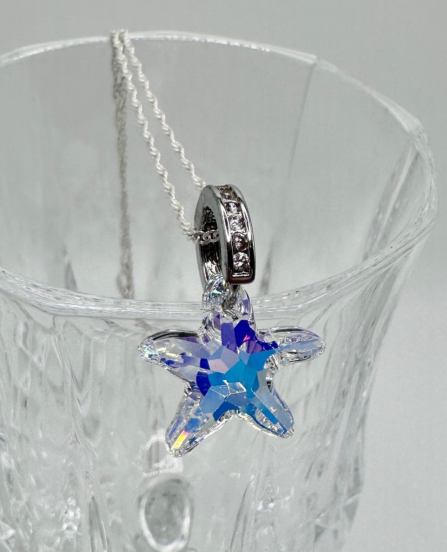 Swarovski Star Crystal Necklace Pendant on a Sterling Silver 18” Necklace AB / Clear with Rhinestone Accents