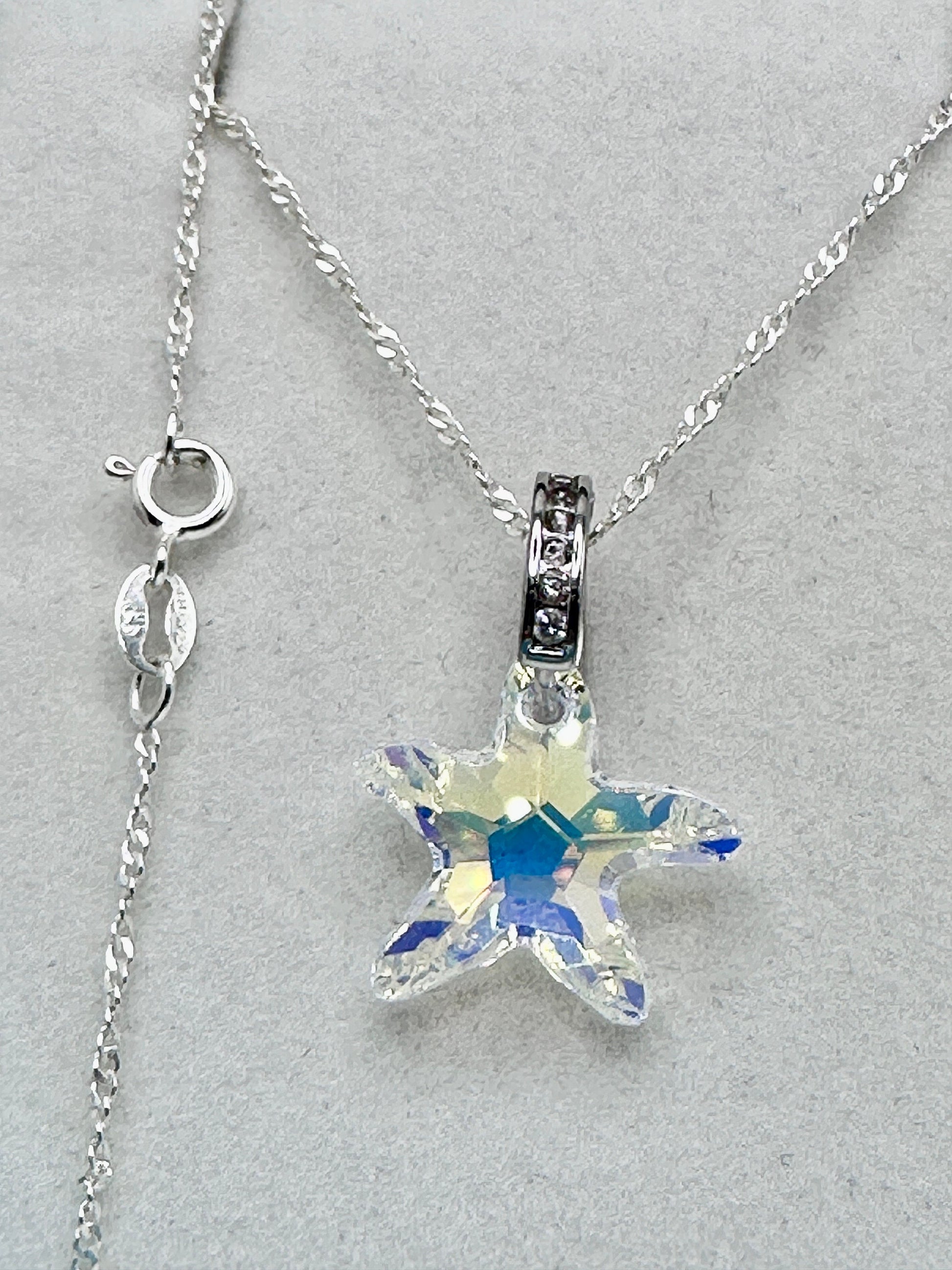 Swarovski Star Crystal Necklace Pendant on a Sterling Silver 18” Necklace AB / Clear with Rhinestone Accents