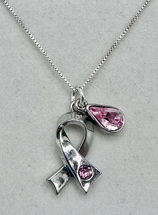 Pink Ribbon / Breast Cancer Necklace / Pendant on an 18” Sterling Silver Necklace