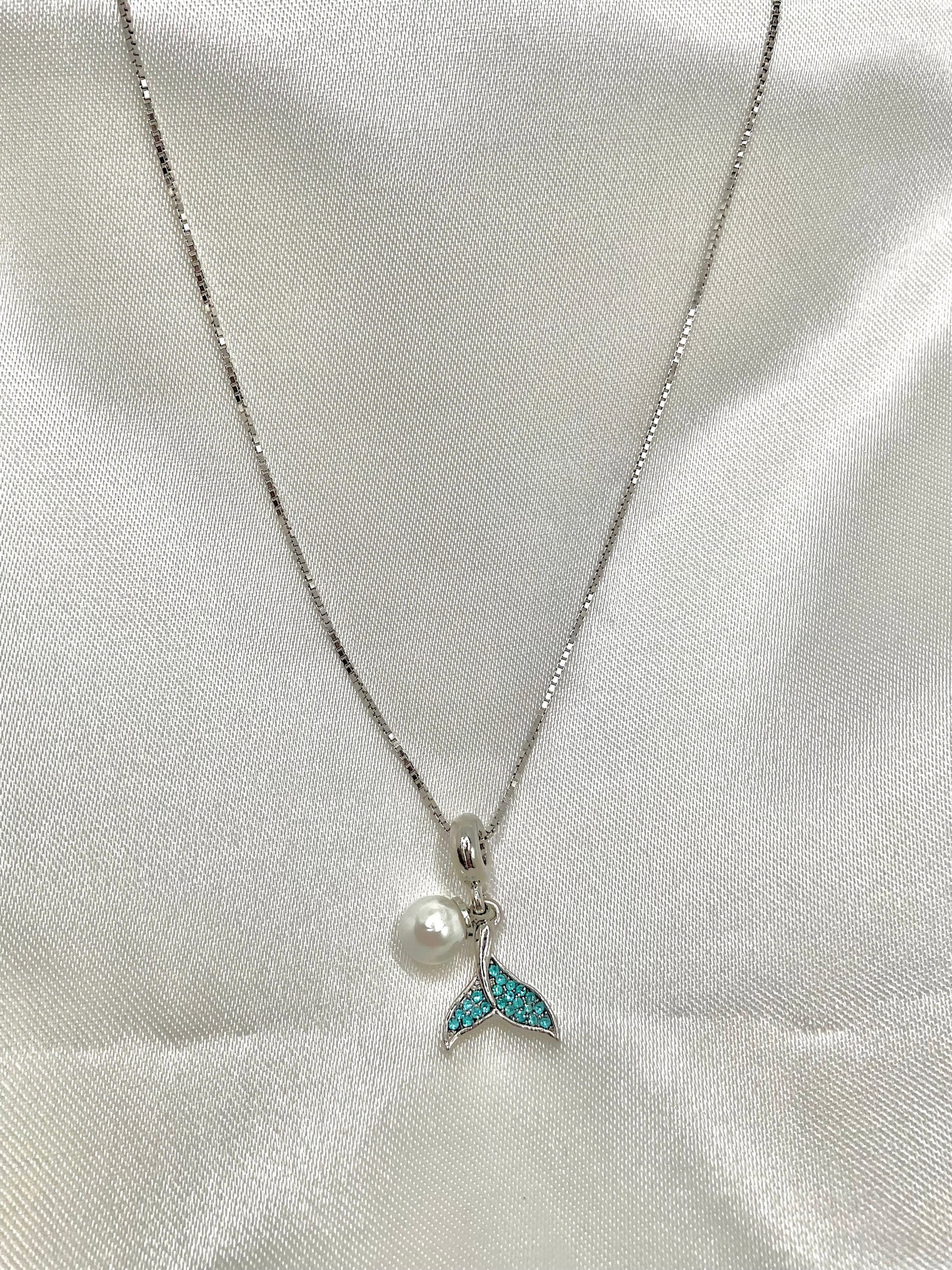 Aqua March Birthstone Aquamarine Blue Mermaid Tail with Pearl Accent Necklace Pendant on an 18” Sterling Silver Box Chain