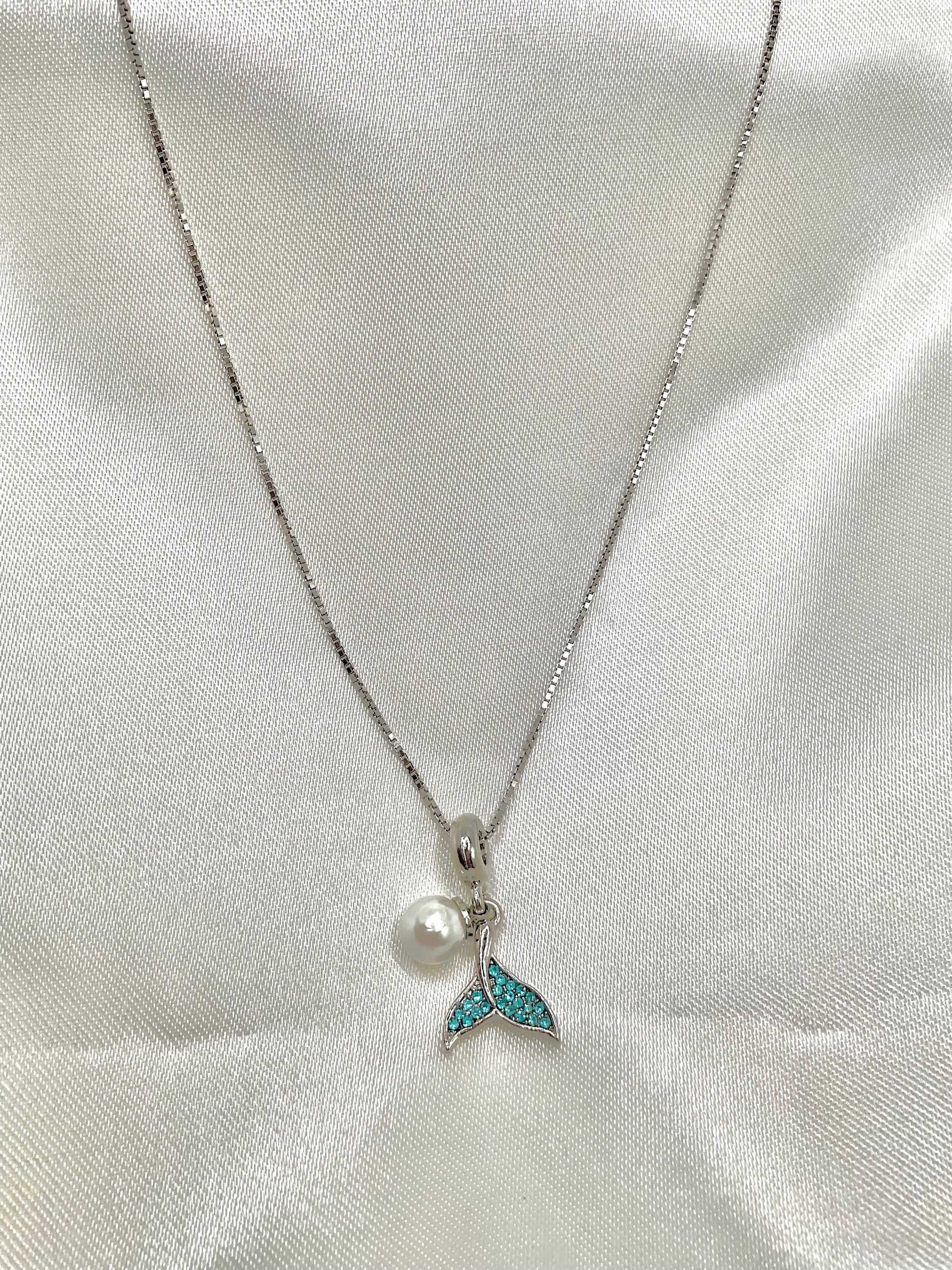 Aqua March Birthstone Aquamarine Blue Mermaid Tail with Pearl Accent Necklace Pendant on an 18” Sterling Silver Box Chain