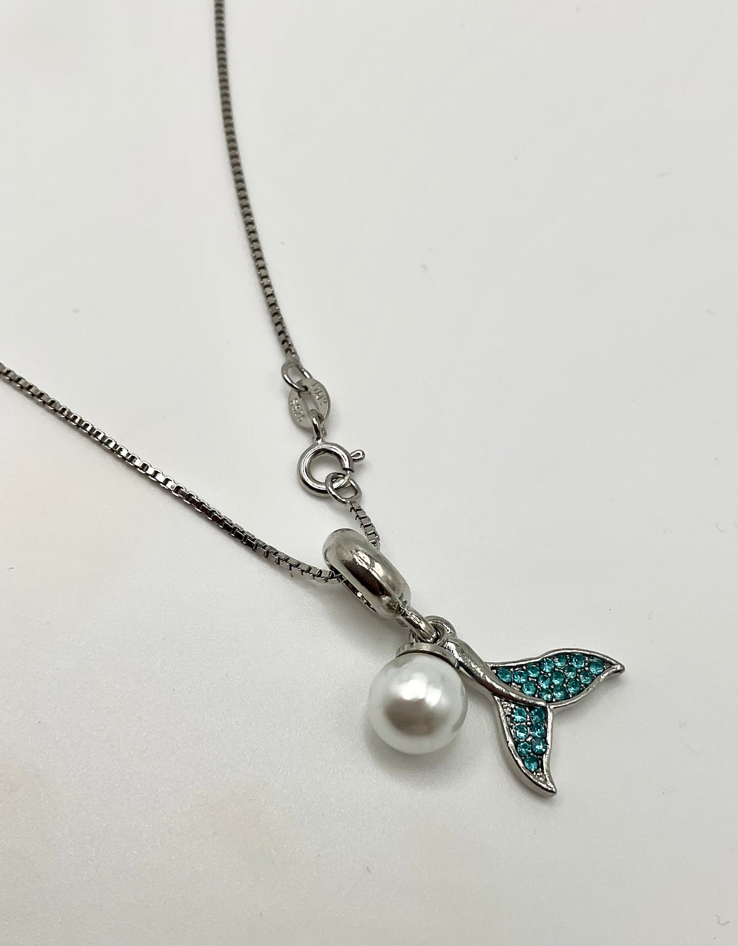 Aqua March Birthstone Aquamarine Blue Mermaid Tail with Pearl Accent Necklace Pendant on an 18” Sterling Silver Box Chain