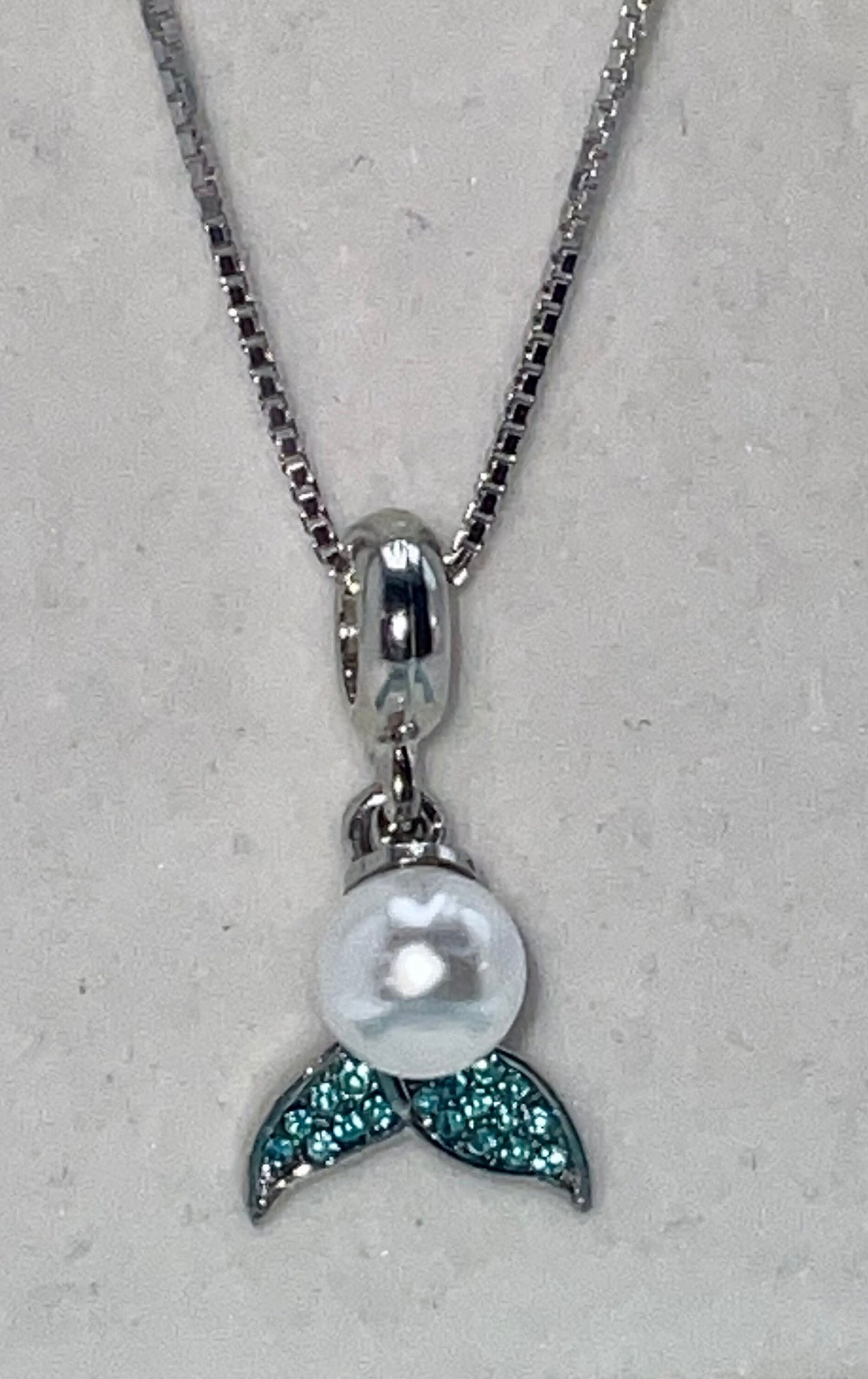 Aqua March Birthstone Aquamarine Blue Mermaid Tail with Pearl Accent Necklace Pendant on an 18” Sterling Silver Box Chain