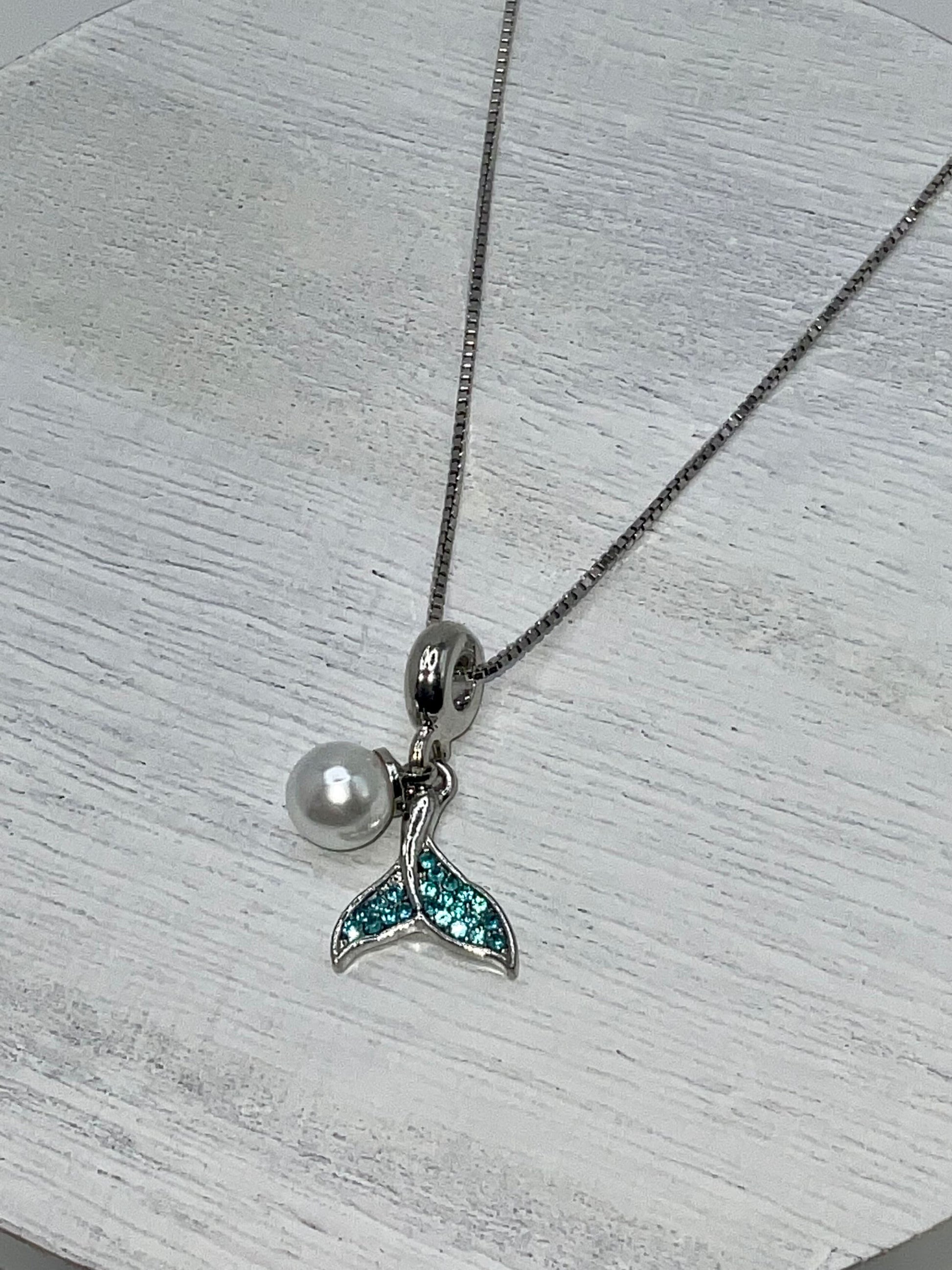 Aqua March Birthstone Aquamarine Blue Mermaid Tail with Pearl Accent Necklace Pendant on an 18” Sterling Silver Box Chain