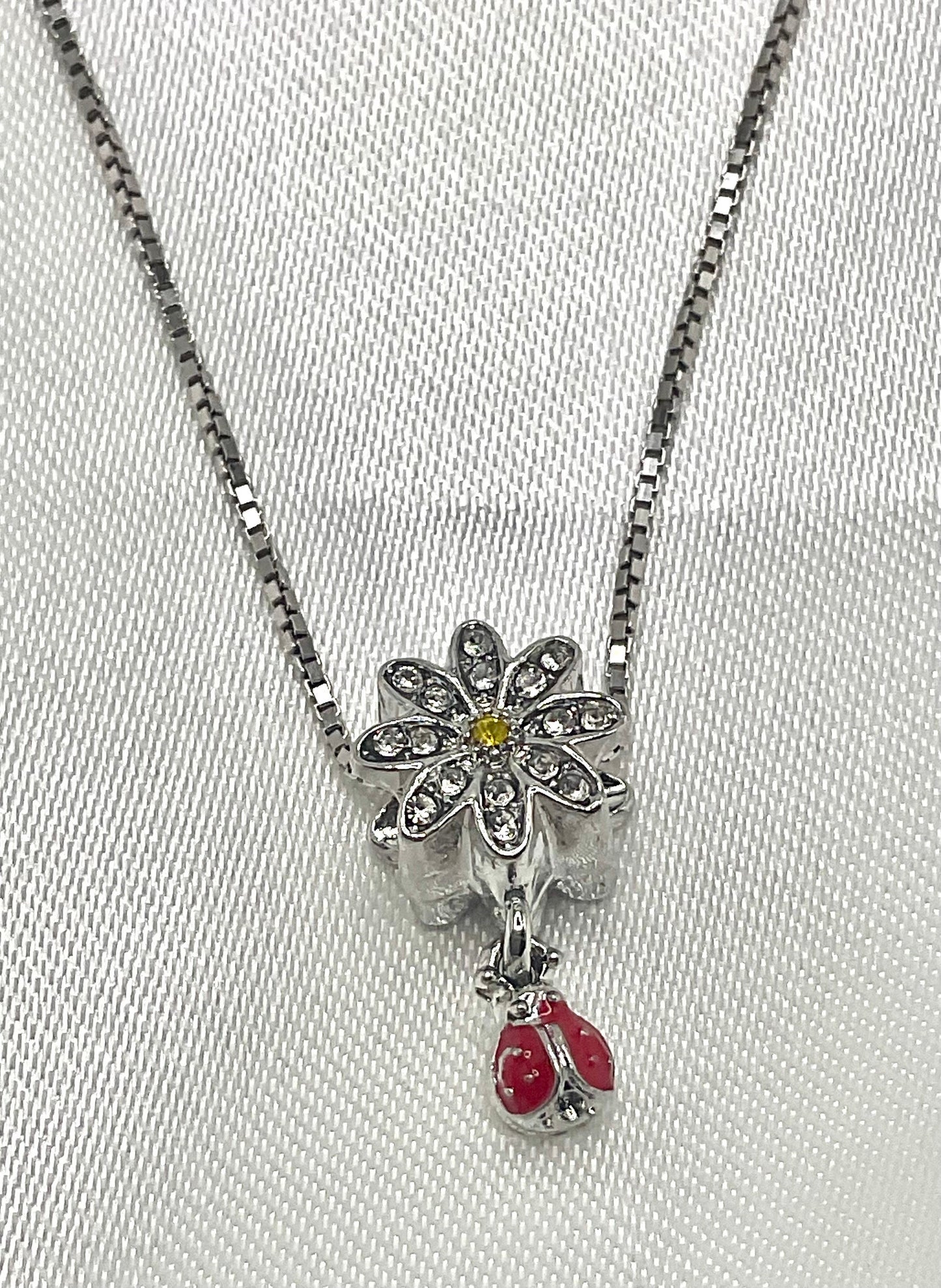 Sunflower Ladybug Rhinestone Necklace Pendant on an 18” Sterling Silver Box Chain