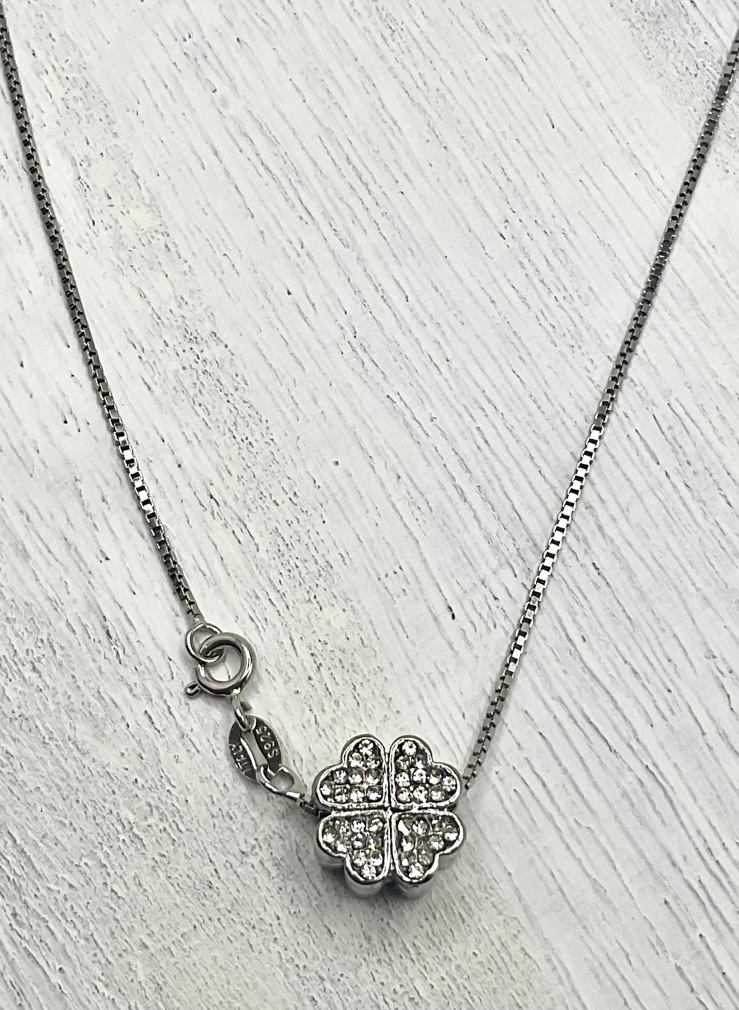 Lucky Clover Shaped Rhinestone Necklace Pendant on an 18” Sterling Silver Box Chain