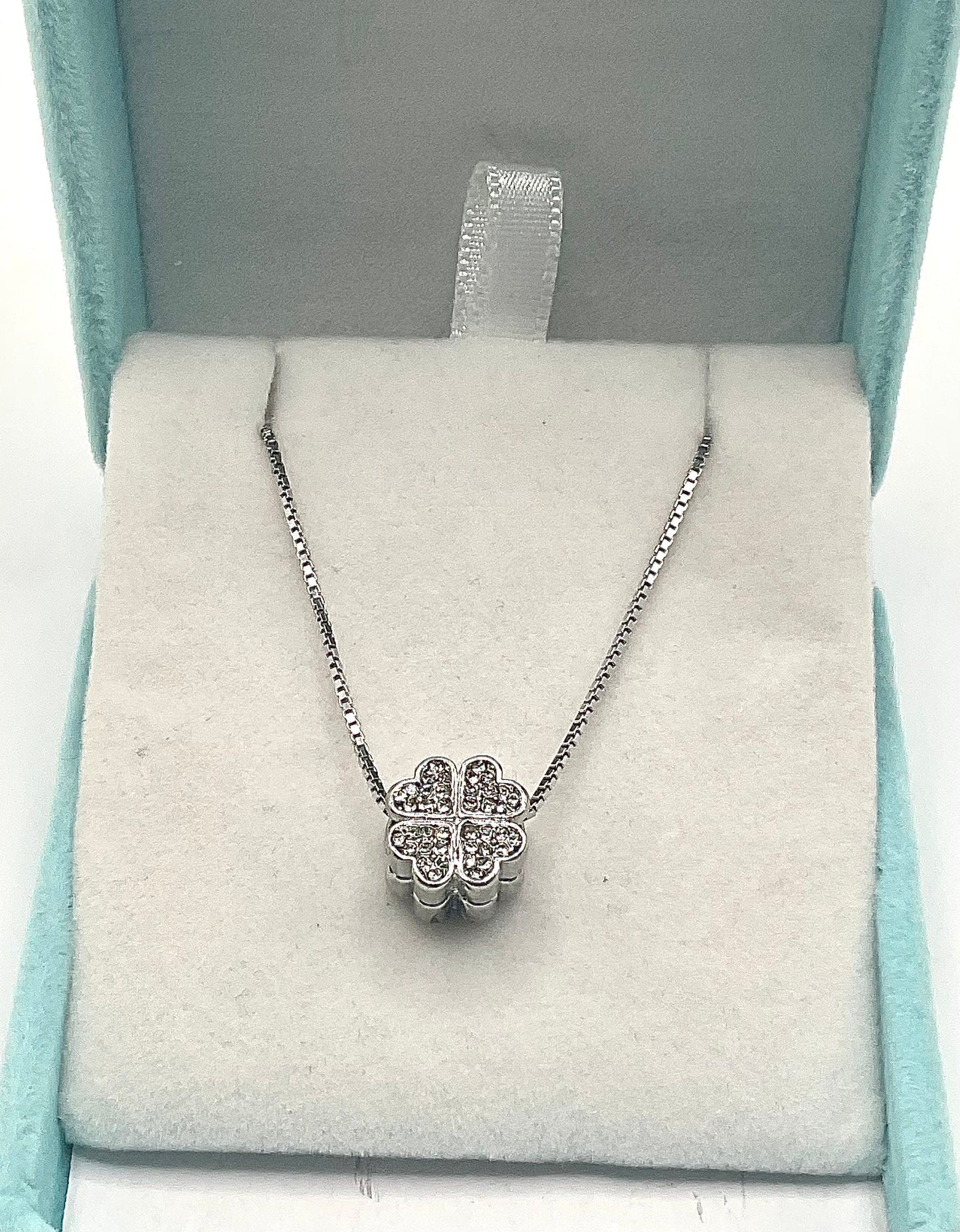 Lucky Clover Shaped Rhinestone Necklace Pendant on an 18” Sterling Silver Box Chain