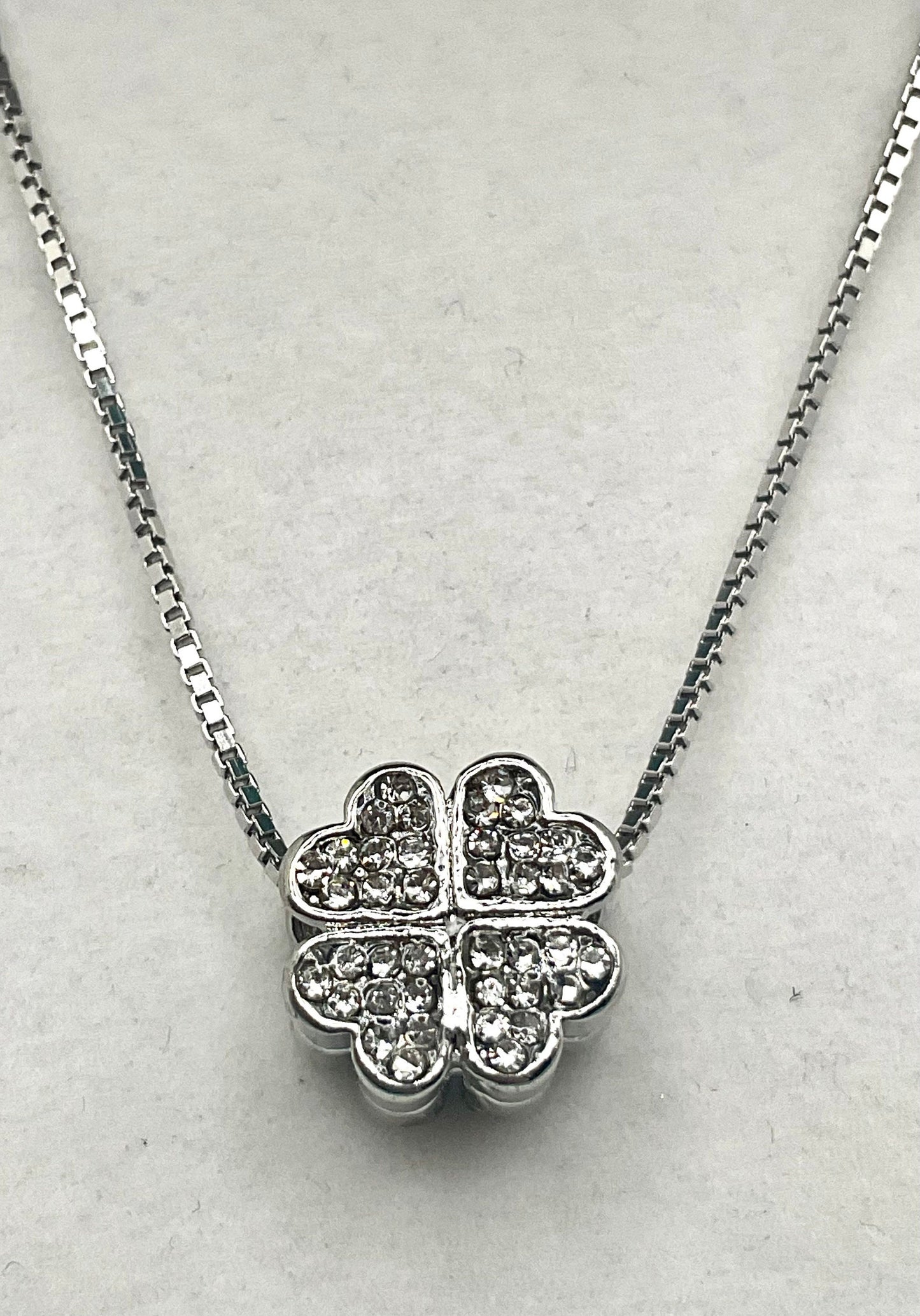 Lucky Clover Shaped Rhinestone Necklace Pendant on an 18” Sterling Silver Box Chain