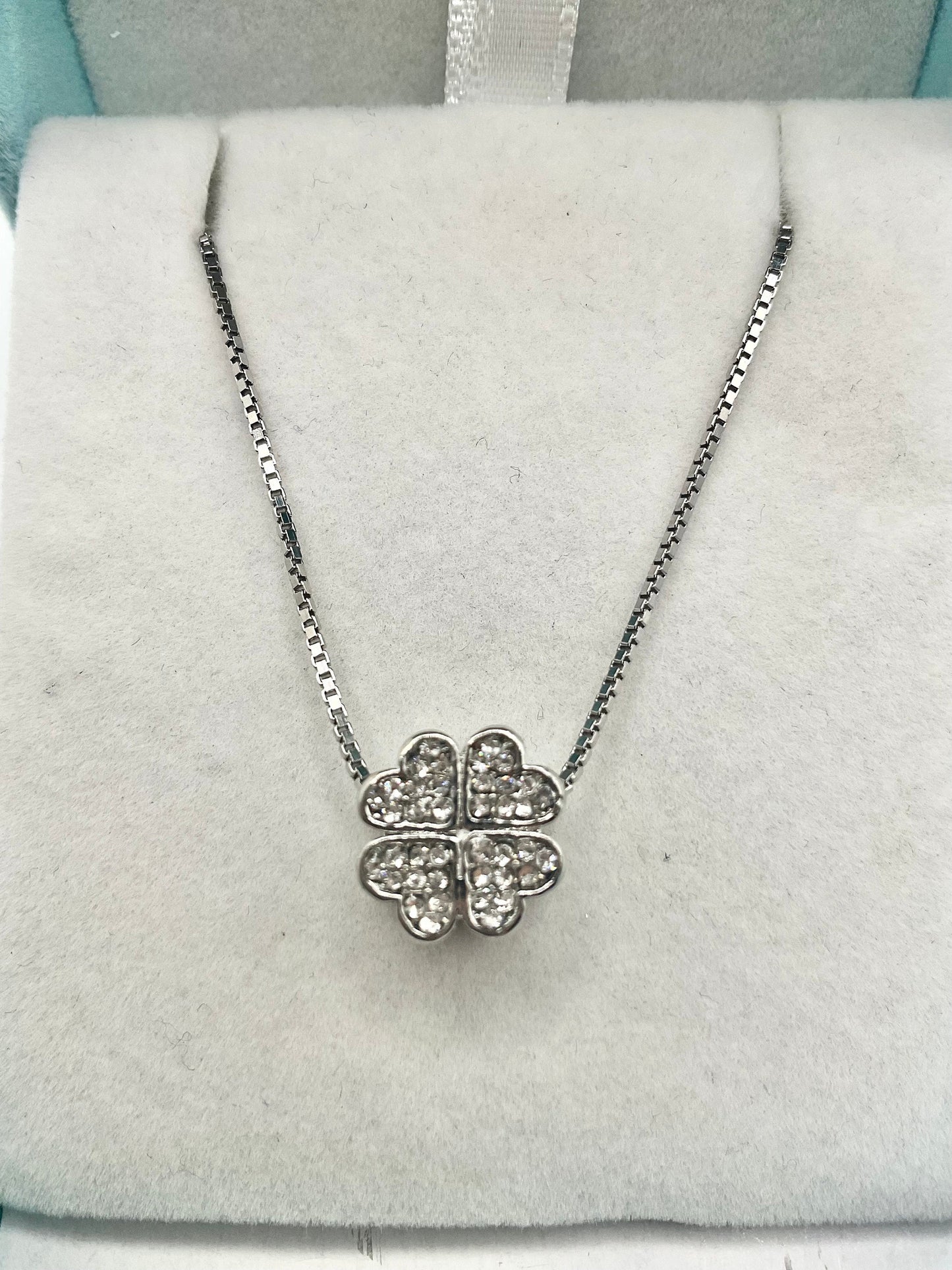 Lucky Clover Shaped Rhinestone Necklace Pendant on an 18” Sterling Silver Box Chain