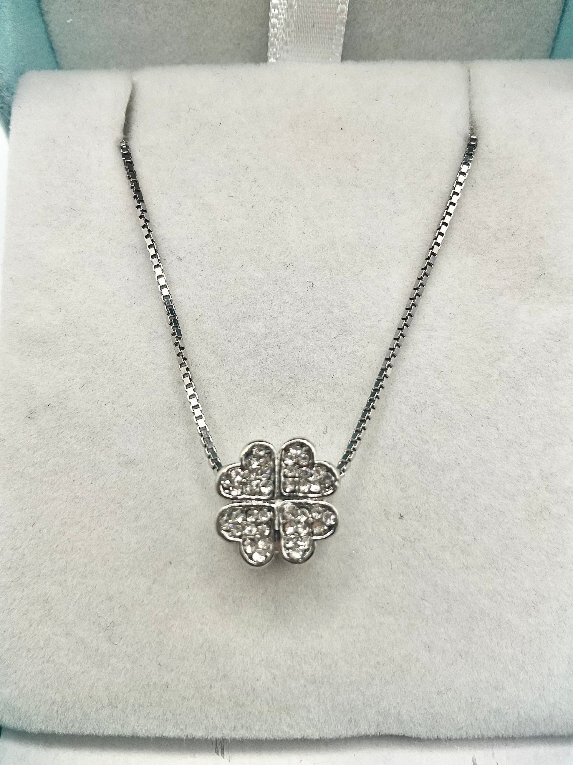 Lucky Clover Shaped Rhinestone Necklace Pendant on an 18” Sterling Silver Box Chain