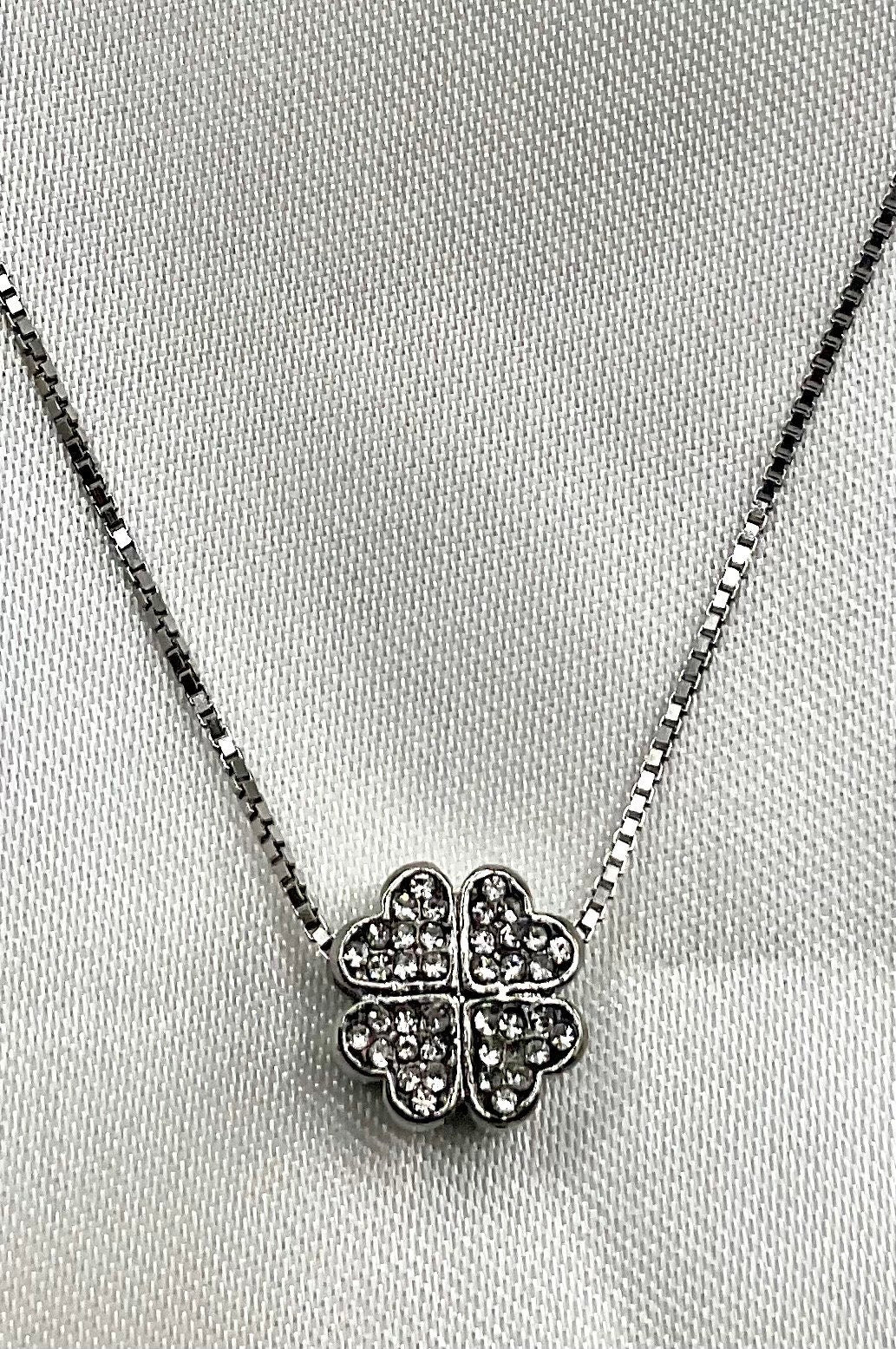 Lucky Clover Shaped Rhinestone Necklace Pendant on an 18” Sterling Silver Box Chain