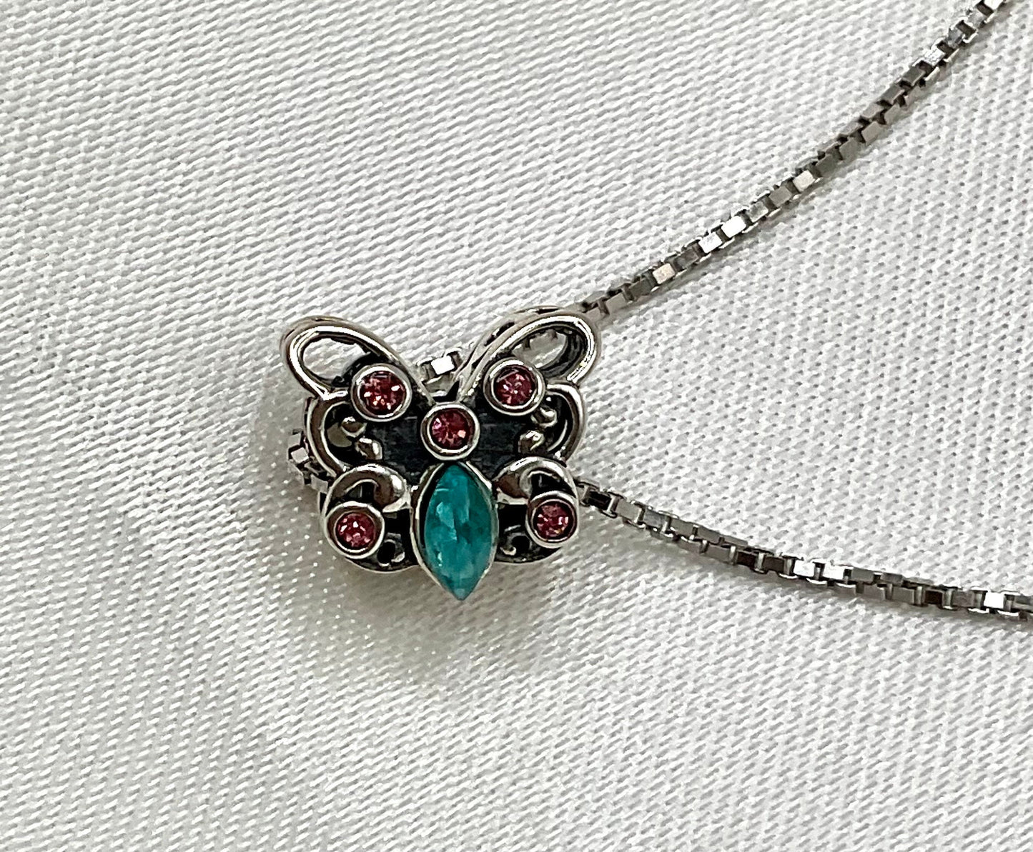 Rhinestone Butterfly Pink and Aqua Accents Necklace Pendant on an 18” Sterling Silver Box Chain