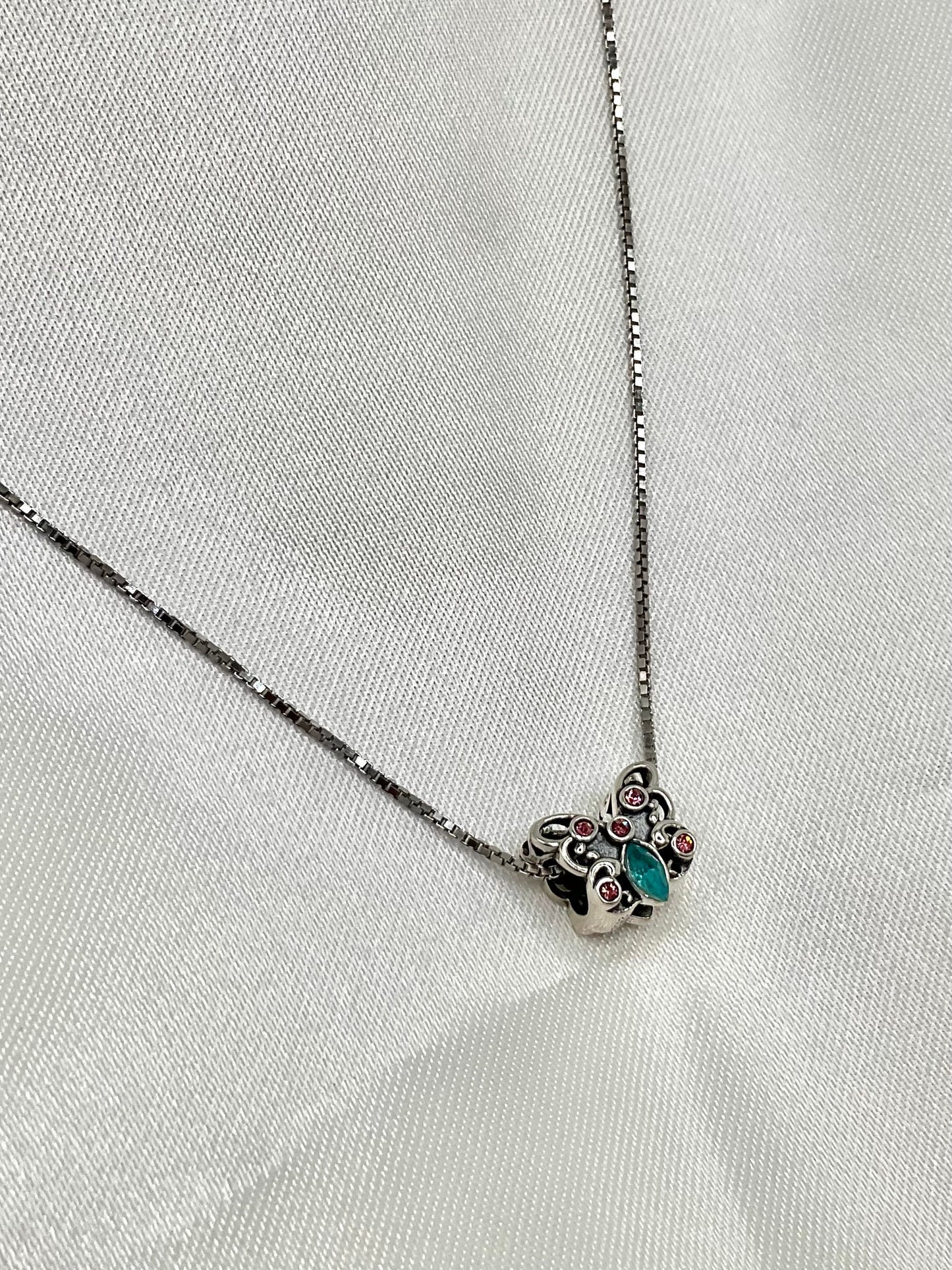 Rhinestone Butterfly Pink and Aqua Accents Necklace Pendant on an 18” Sterling Silver Box Chain