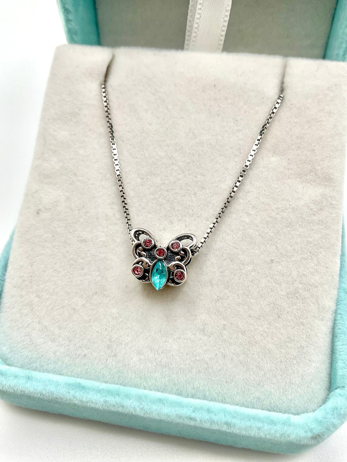 Rhinestone Butterfly Pink and Aqua Accents Necklace Pendant on an 18” Sterling Silver Box Chain