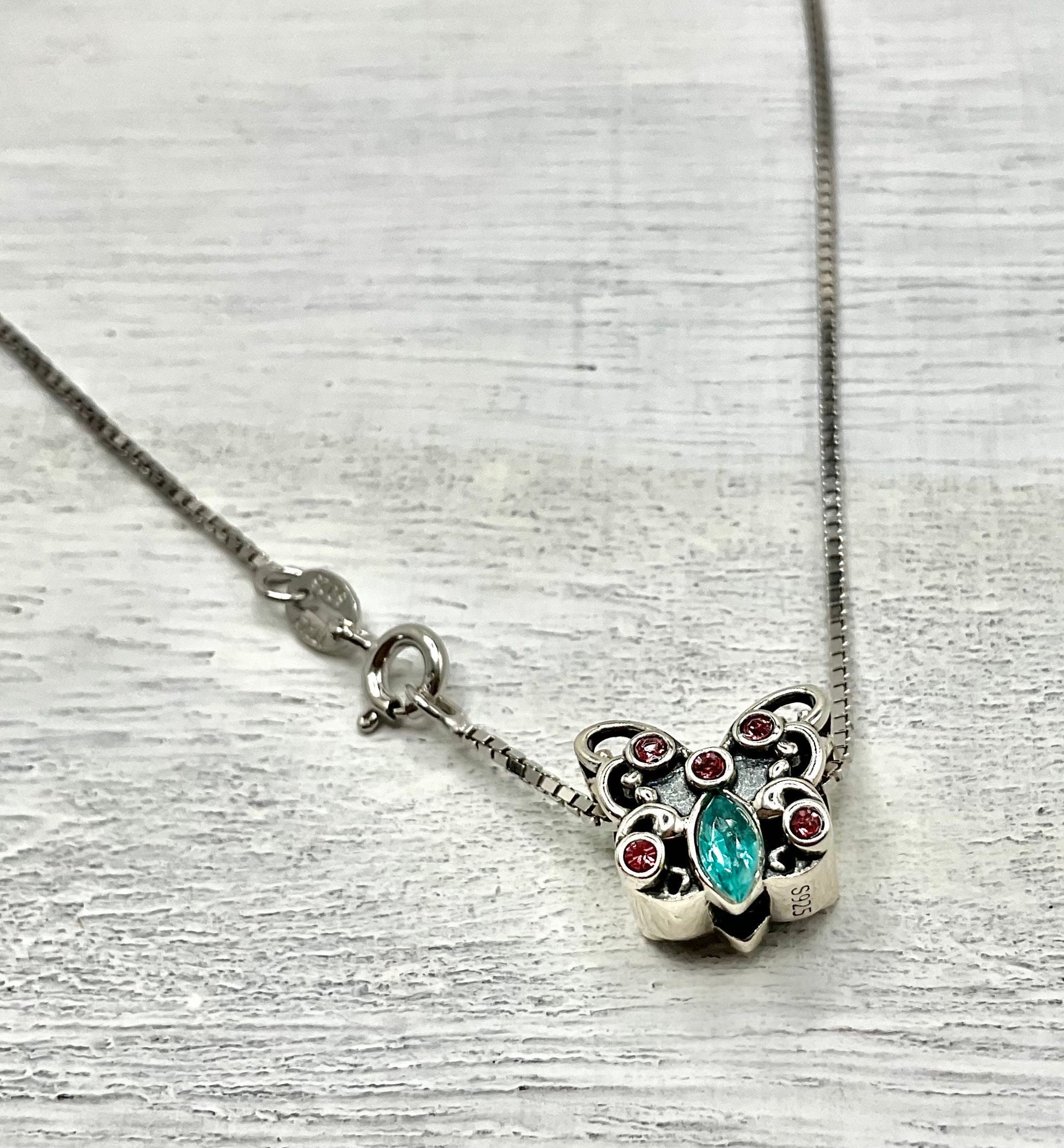 Rhinestone Butterfly Pink and Aqua Accents Necklace Pendant on an 18” Sterling Silver Box Chain