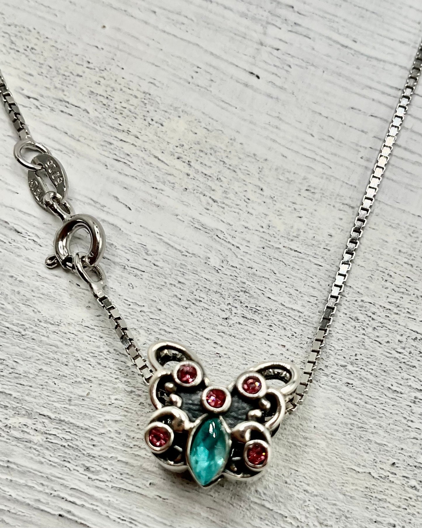 Rhinestone Butterfly Pink and Aqua Accents Necklace Pendant on an 18” Sterling Silver Box Chain