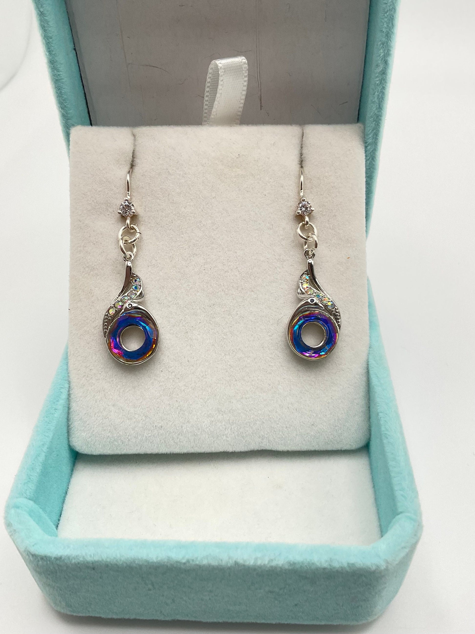 Silver Rainbow CZ Dangle Earrings Peacock