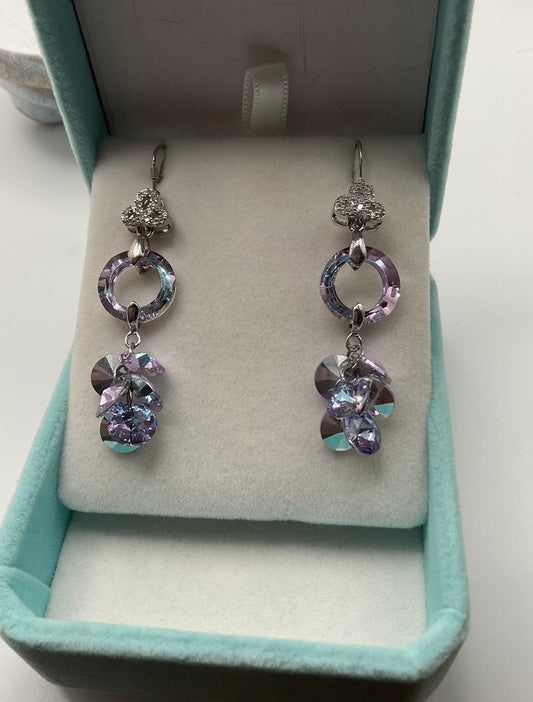 Silver Rainbow Dangle CZ Earrings with Purple Crystal Accents