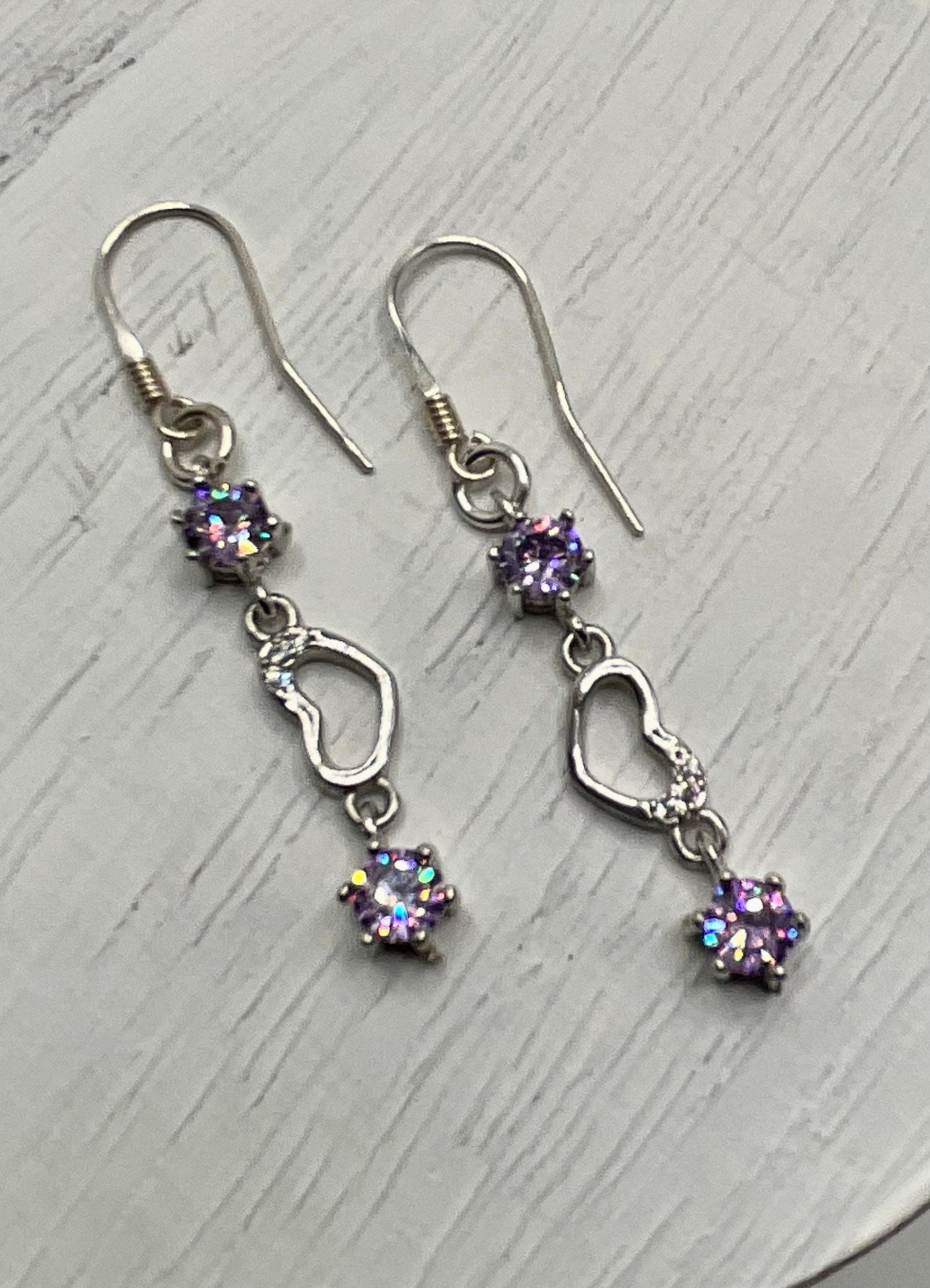 Silver Butterfly and Heart Drop Dangle Earrings February Birthstone Purple CZ Accents