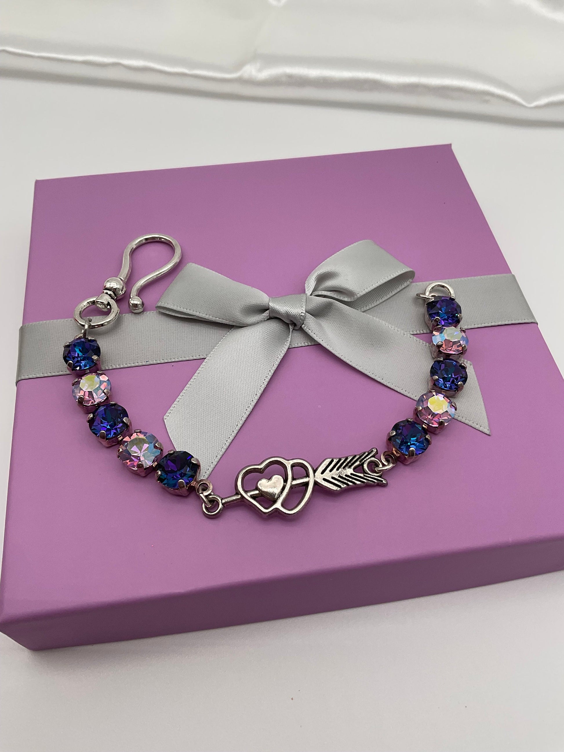 Crystal Swarovski Silver Bracelet with Purple and Pink Genuine Crystals on a Cup Chain with a Heart in the Center