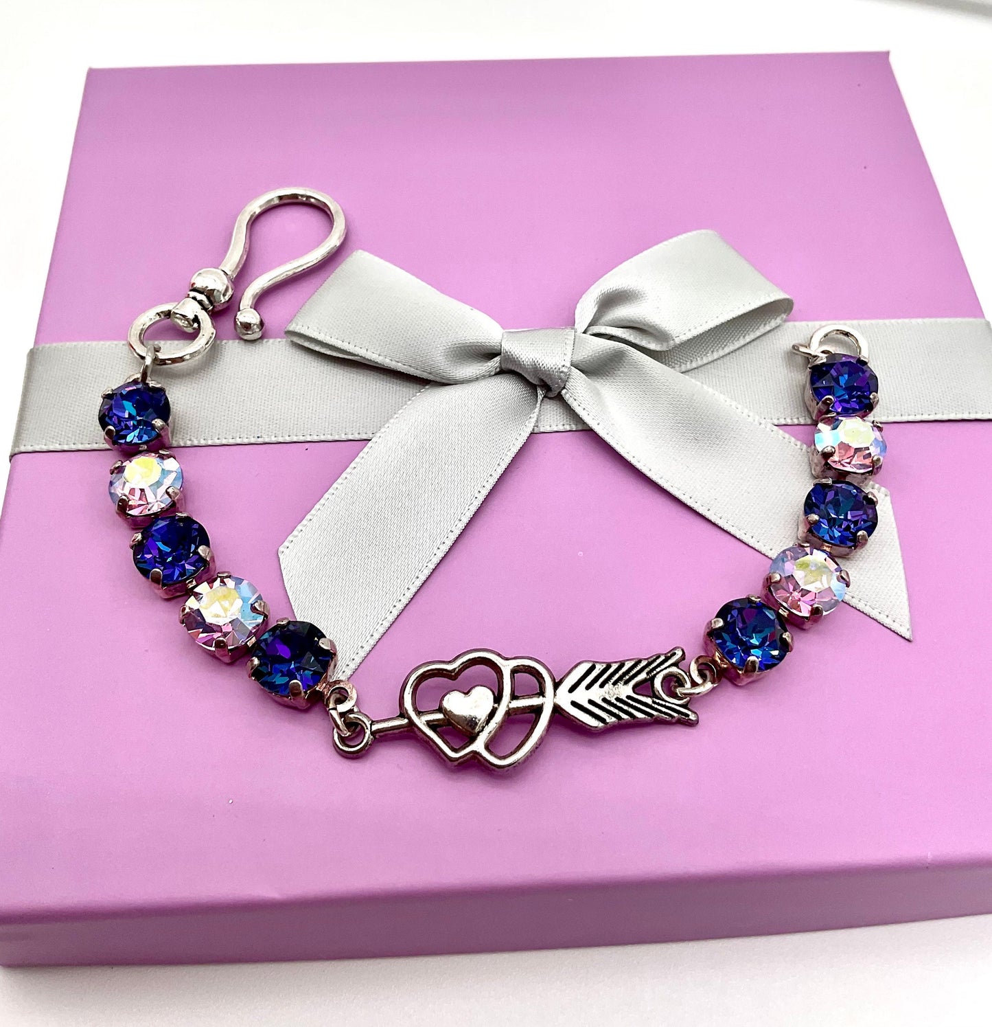 Crystal Swarovski Silver Bracelet with Purple and Pink Genuine Crystals on a Cup Chain with a Heart in the Center