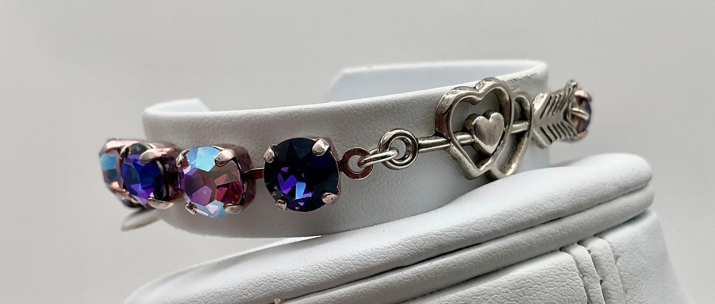 Crystal Swarovski Silver Bracelet with Purple and Pink Genuine Crystals on a Cup Chain with a Heart in the Center