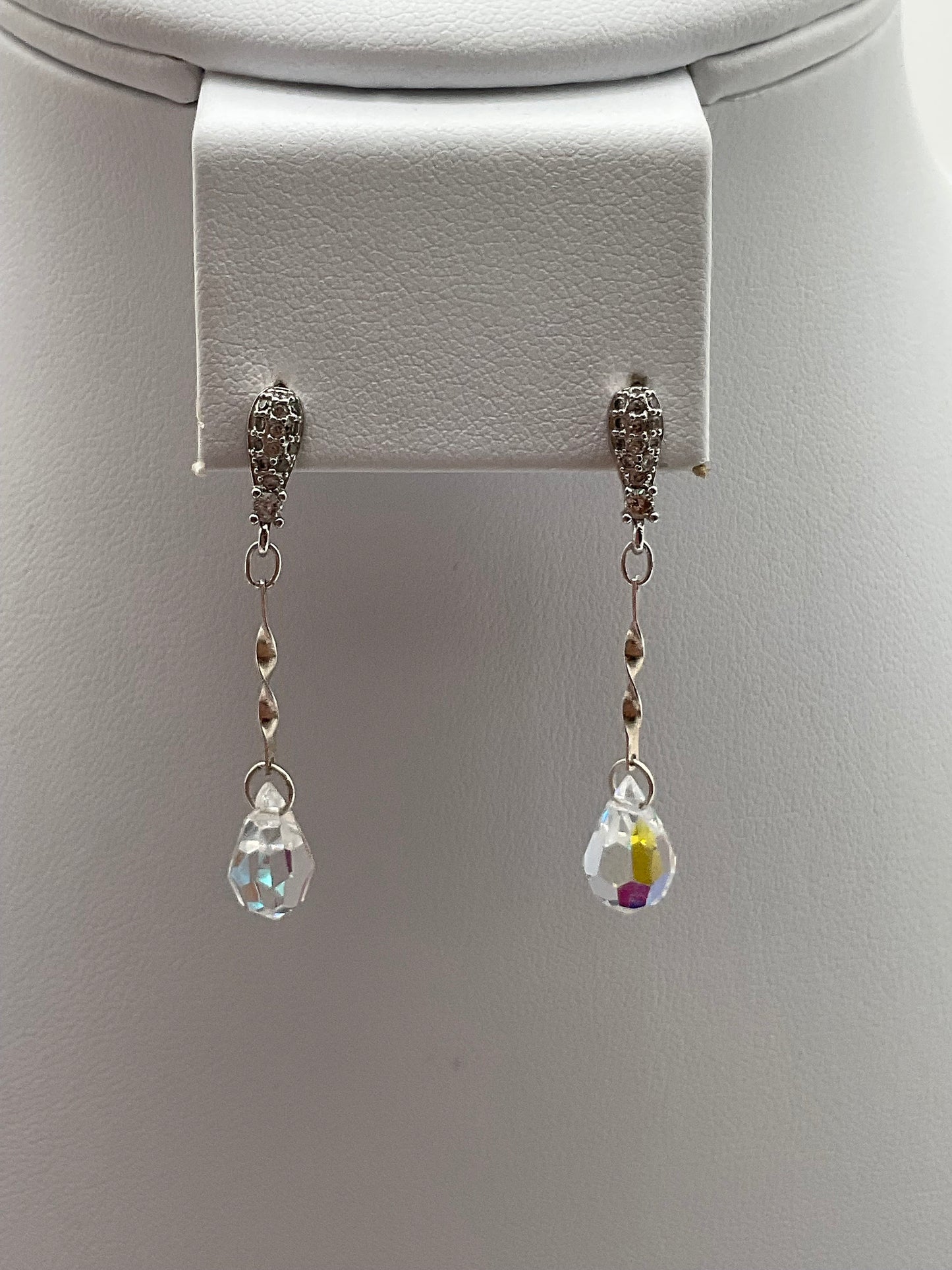 Silver Swarovski Crystal Drop Dangle Earrings AB with Rhinestone Accent Earrings