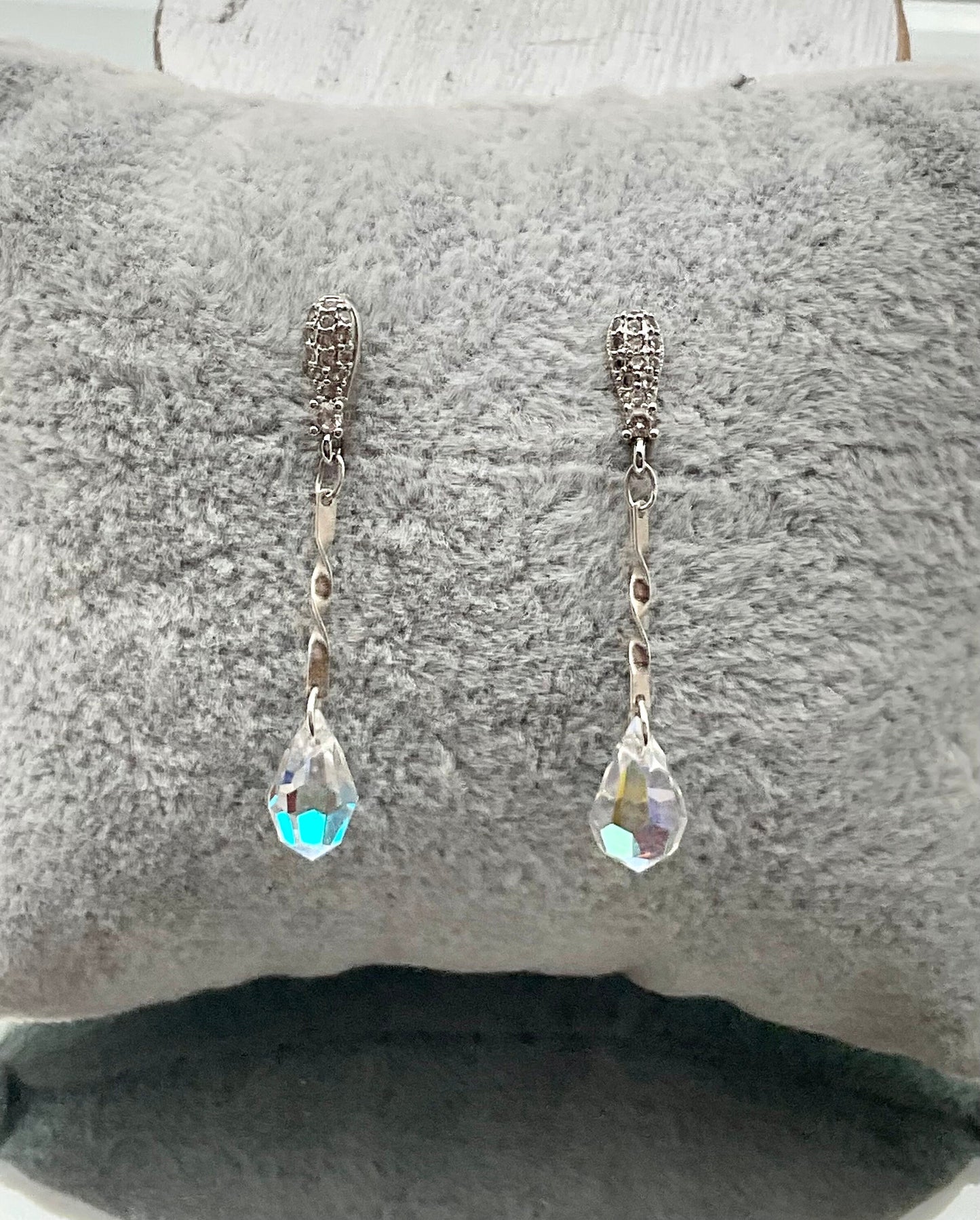 Silver Swarovski Crystal Drop Dangle Earrings AB with Rhinestone Accent Earrings