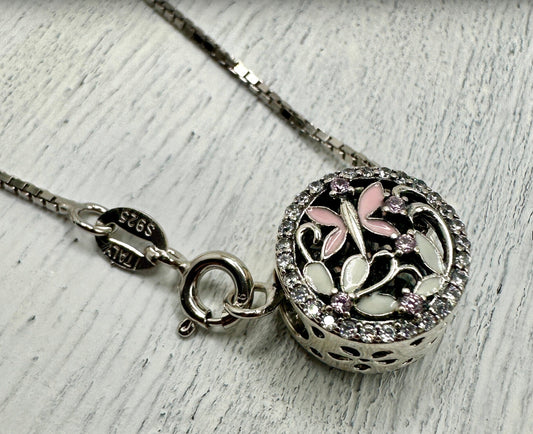 Pink Butterfly Necklace Pendant on an 18” Sterling Silver Box Chain