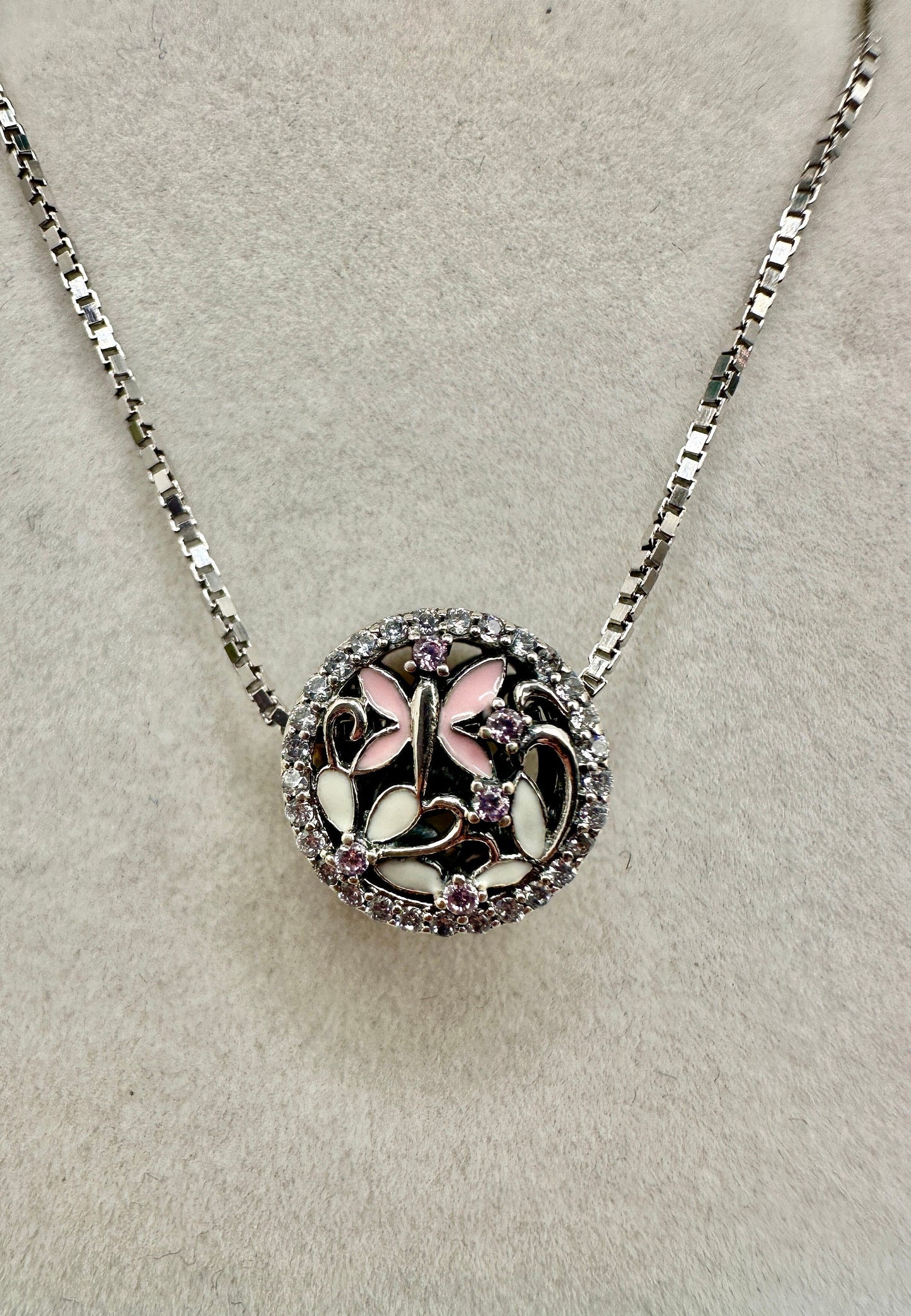 Pink Butterfly Necklace Pendant on an 18” Sterling Silver Box Chain