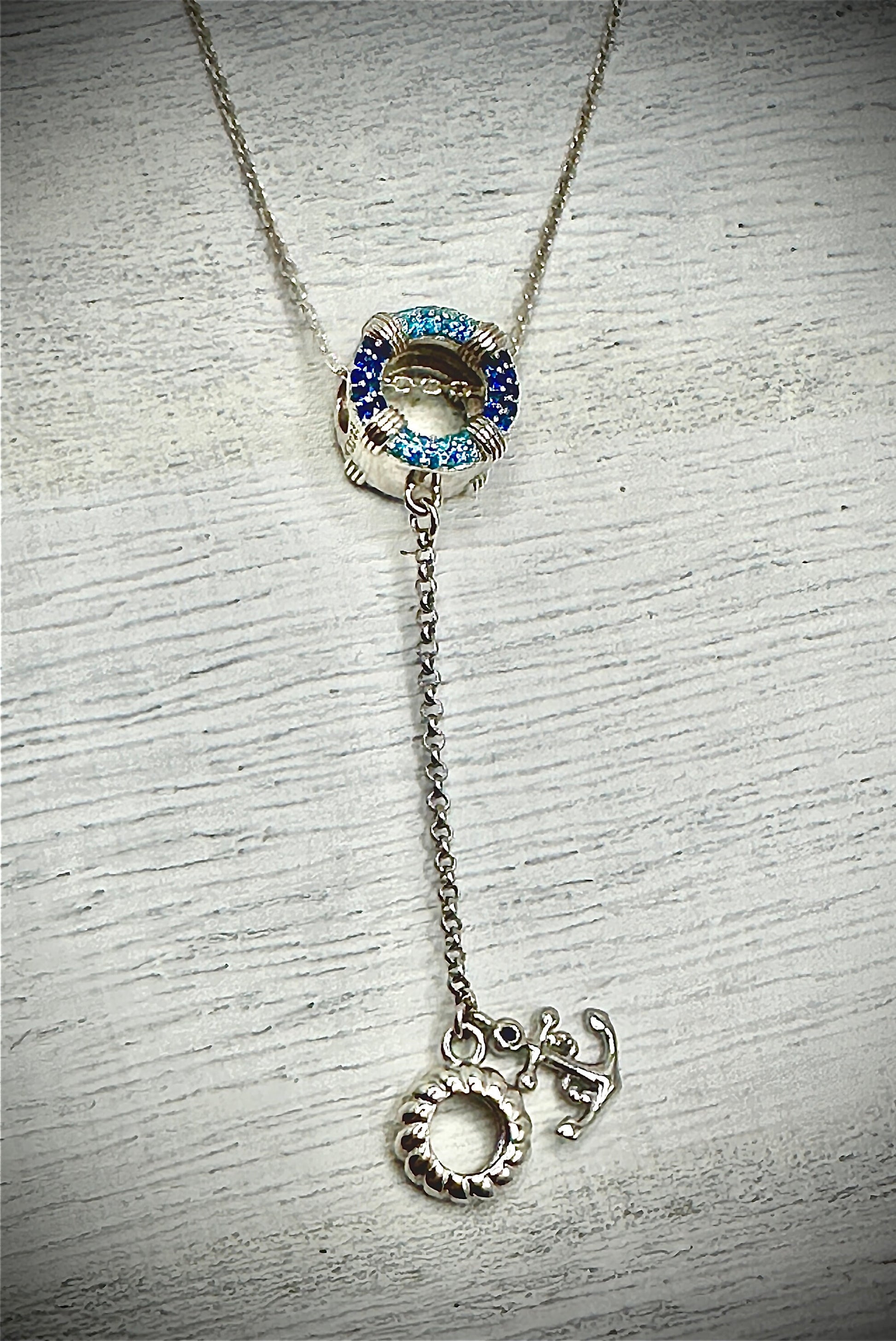 Nautical Anchor Blue Rhinestone September December Birthstone Necklace on an 18” 925 Sterling Silver Chain