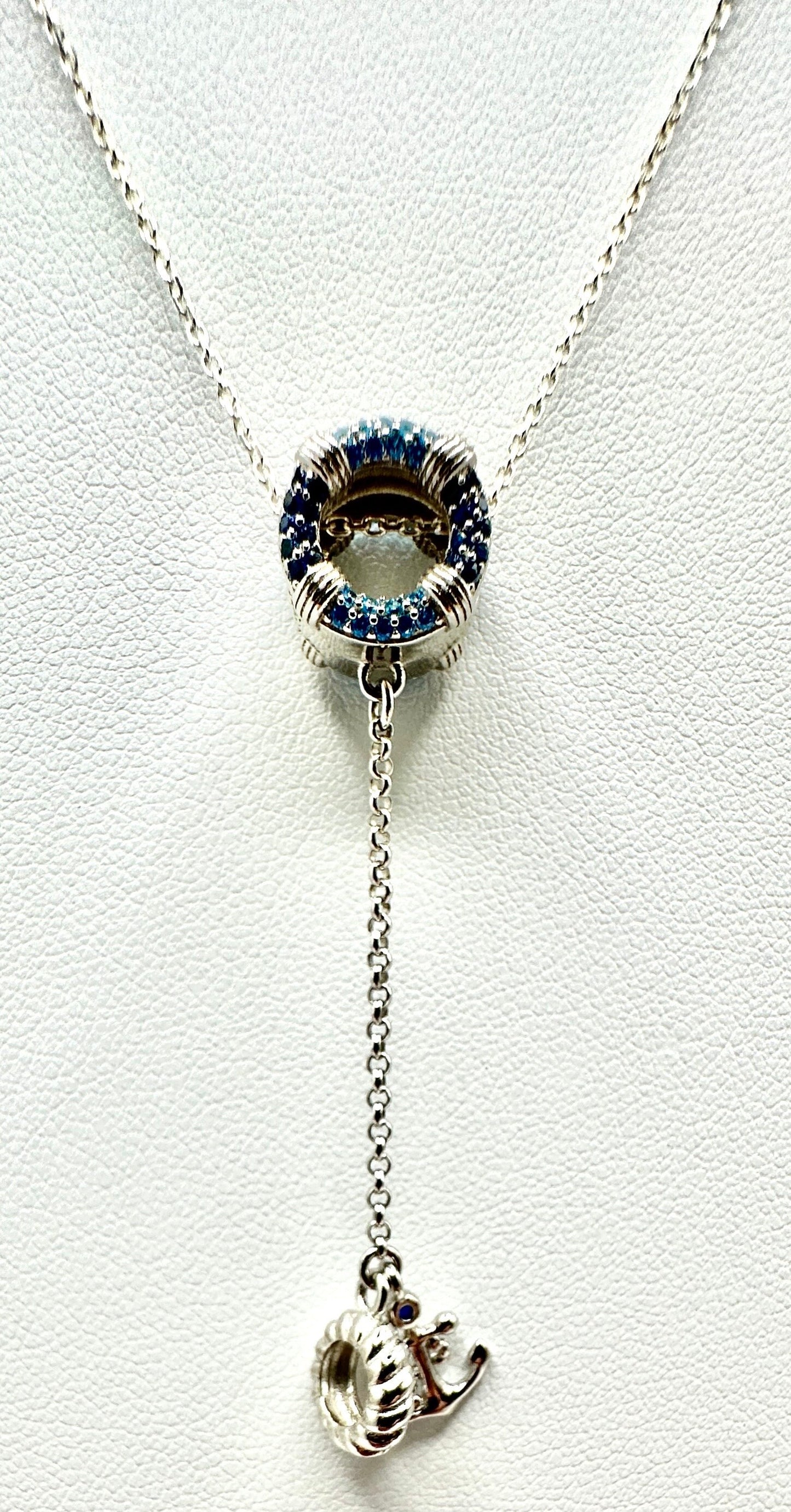 Nautical Anchor Blue Rhinestone September December Birthstone Necklace on an 18” 925 Sterling Silver Chain