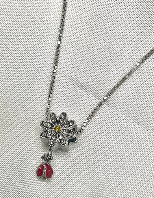 Sunflower Ladybug Rhinestone Necklace Pendant on an 18” Sterling Silver Box Chain