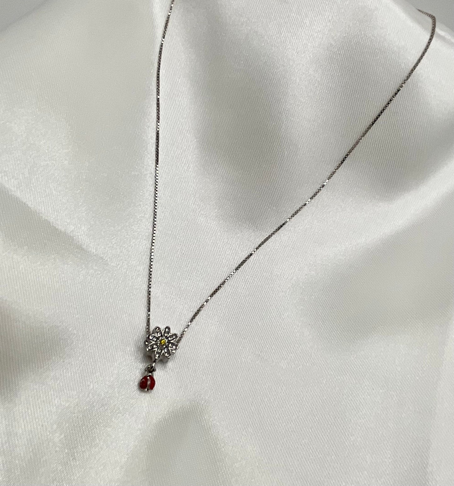 Sunflower Ladybug Rhinestone Necklace Pendant on an 18” Sterling Silver Box Chain