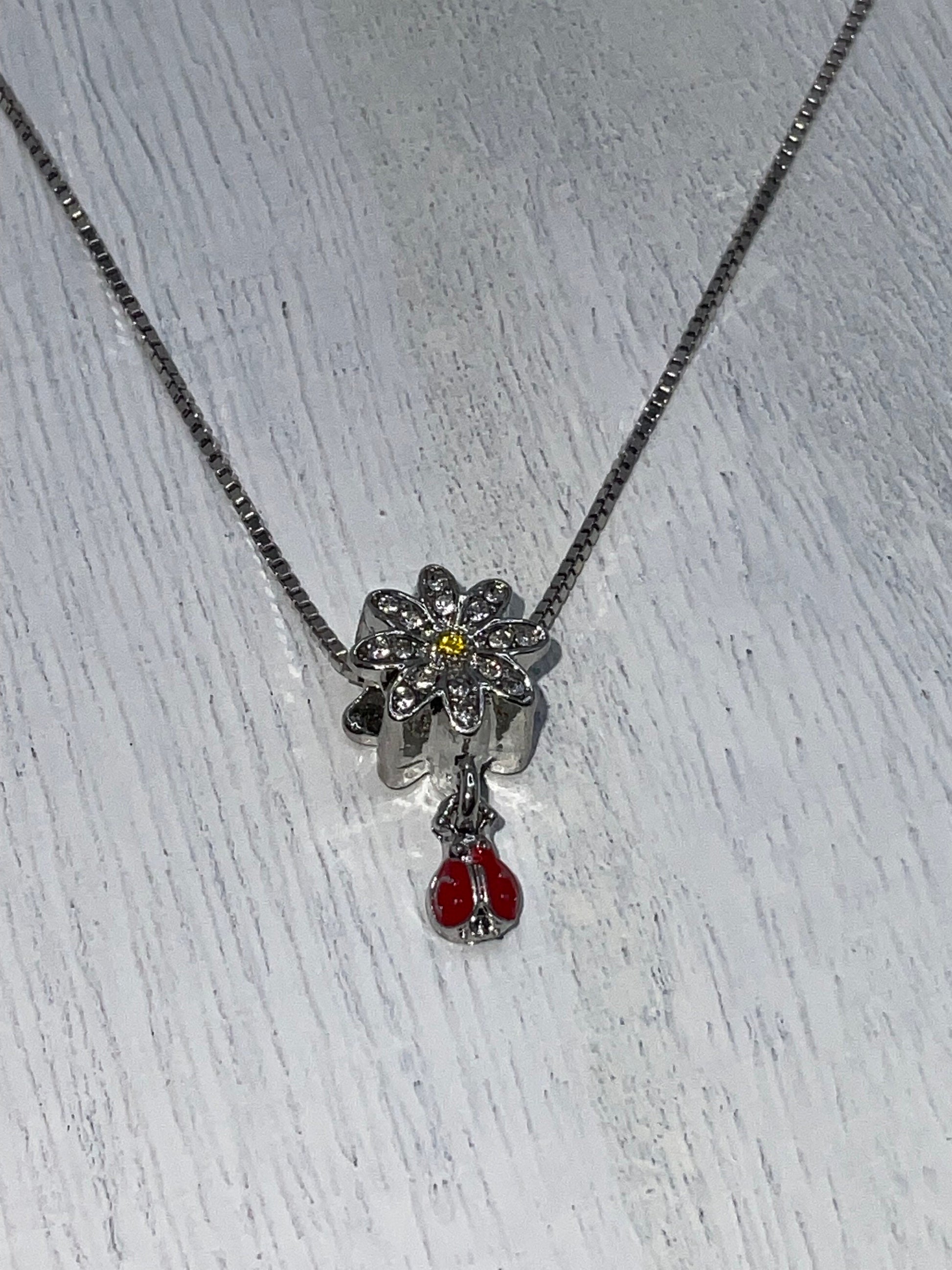 Sunflower Ladybug Rhinestone Necklace Pendant on an 18” Sterling Silver Box Chain