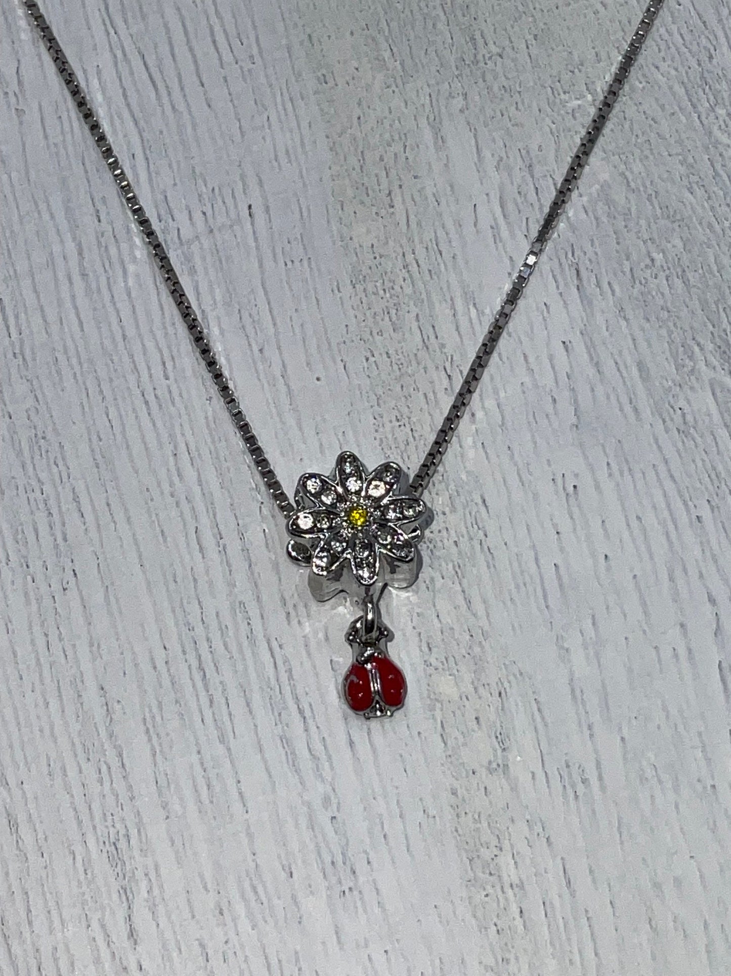 Sunflower Ladybug Rhinestone Necklace Pendant on an 18” Sterling Silver Box Chain