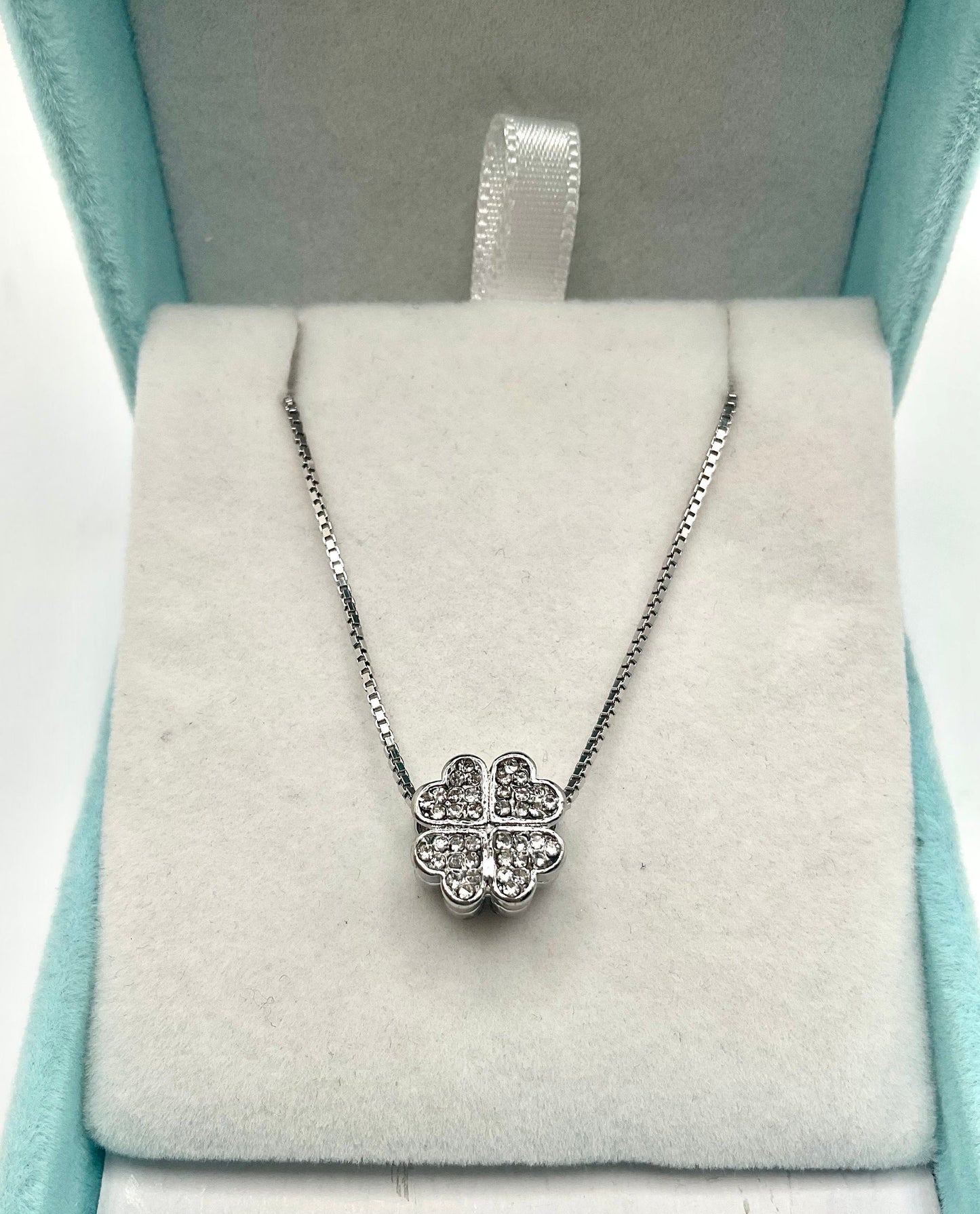 Lucky Clover Shaped Rhinestone Necklace Pendant on an 18” Sterling Silver Box Chain