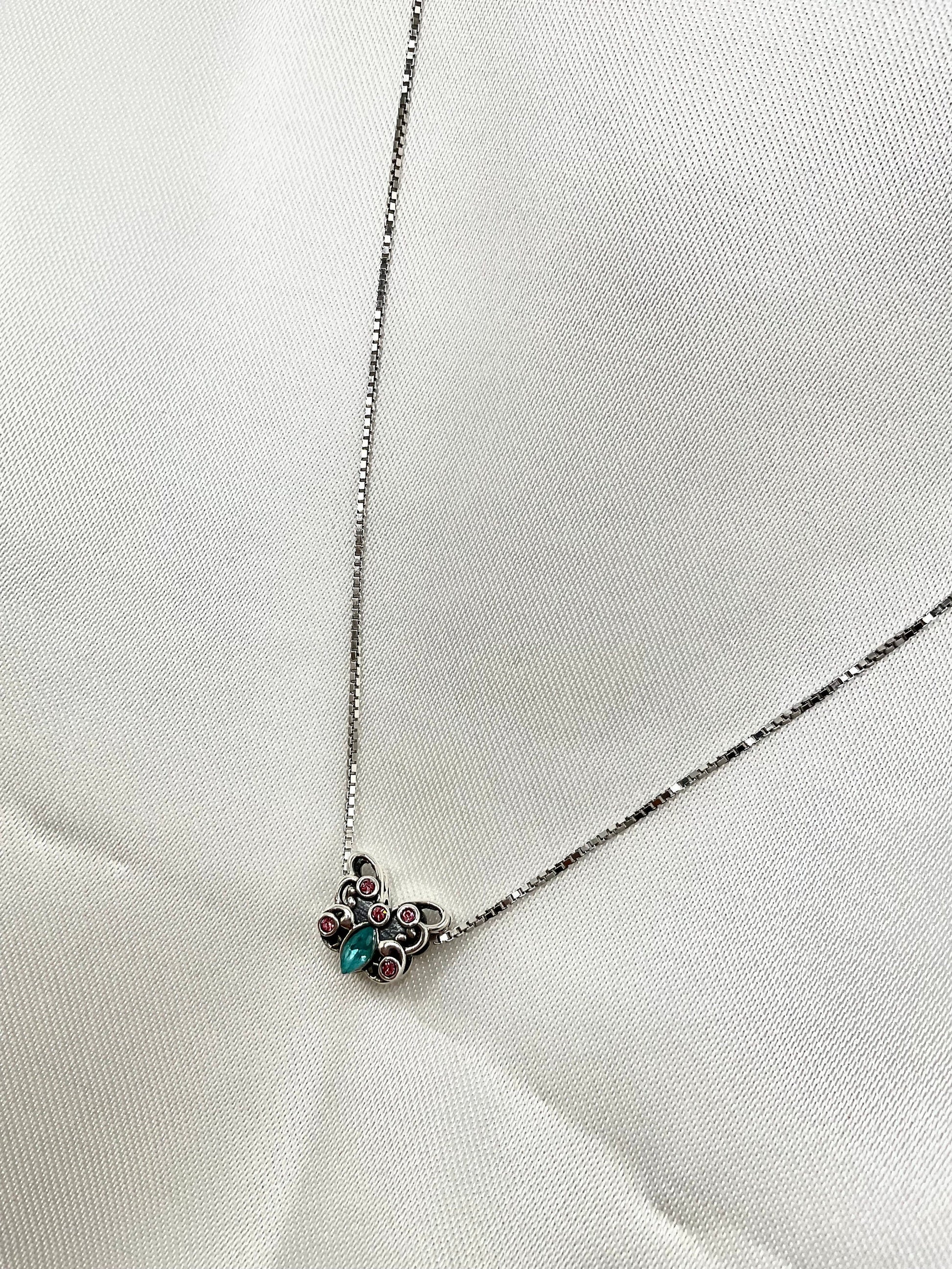 Rhinestone Butterfly Pink and Aqua Accents Necklace Pendant on an 18” Sterling Silver Box Chain