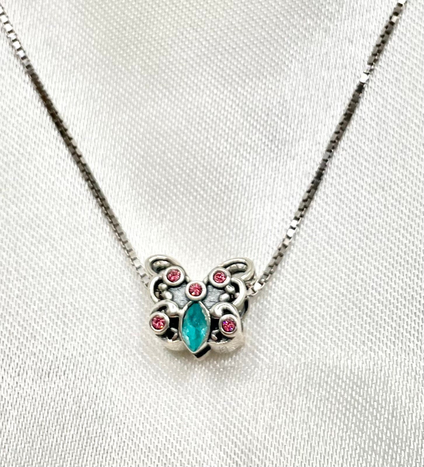 Rhinestone Butterfly Pink and Aqua Accents Necklace Pendant on an 18” Sterling Silver Box Chain