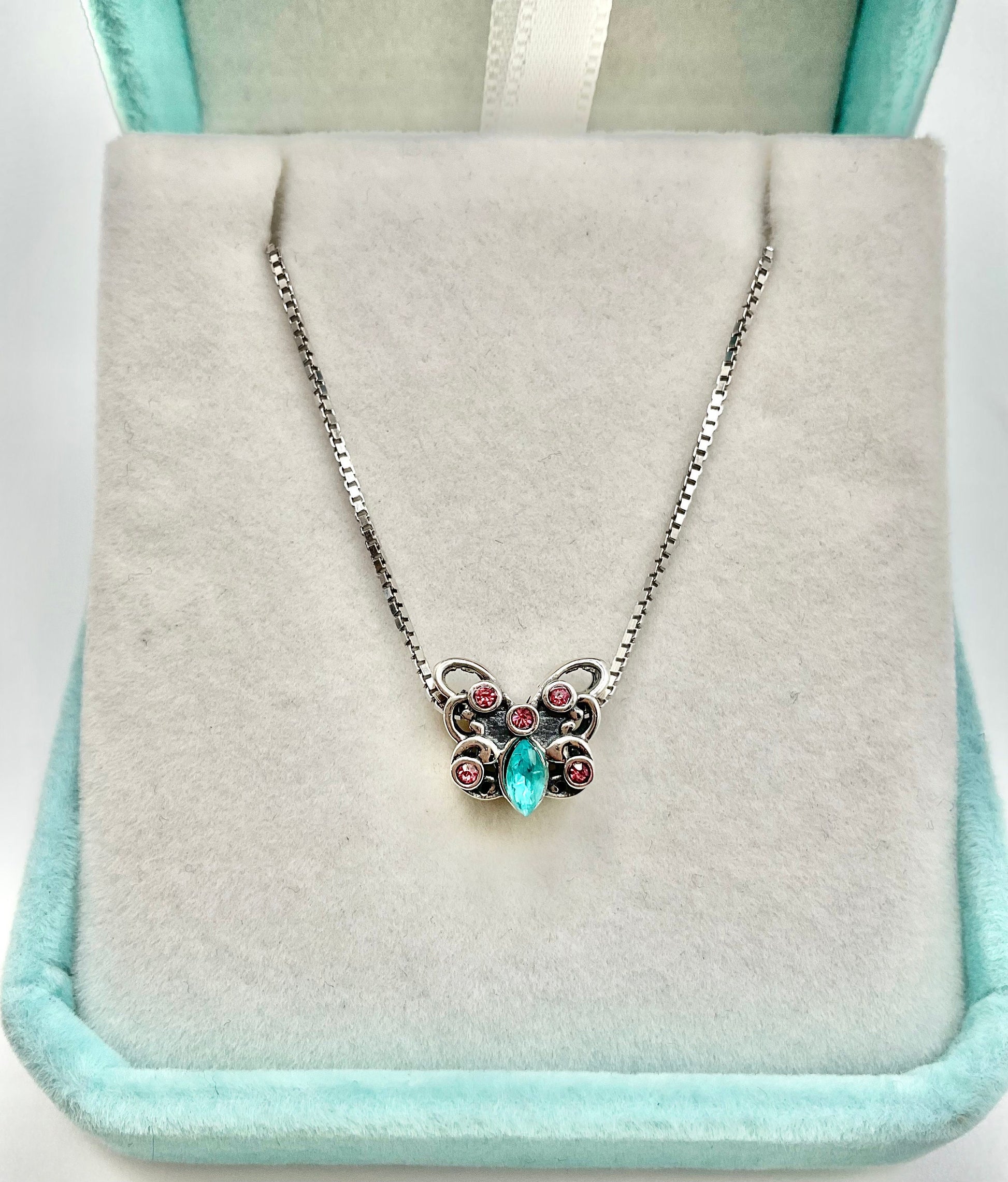 Rhinestone Butterfly Pink and Aqua Accents Necklace Pendant on an 18” Sterling Silver Box Chain