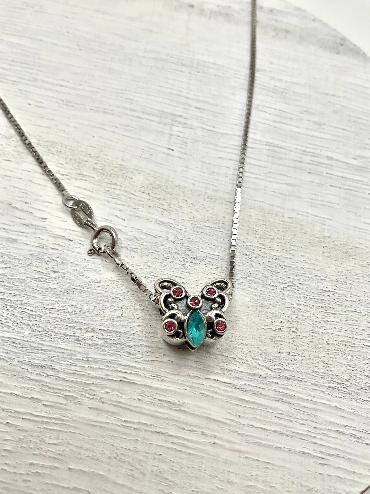 Rhinestone Butterfly Pink and Aqua Accents Necklace Pendant on an 18” Sterling Silver Box Chain