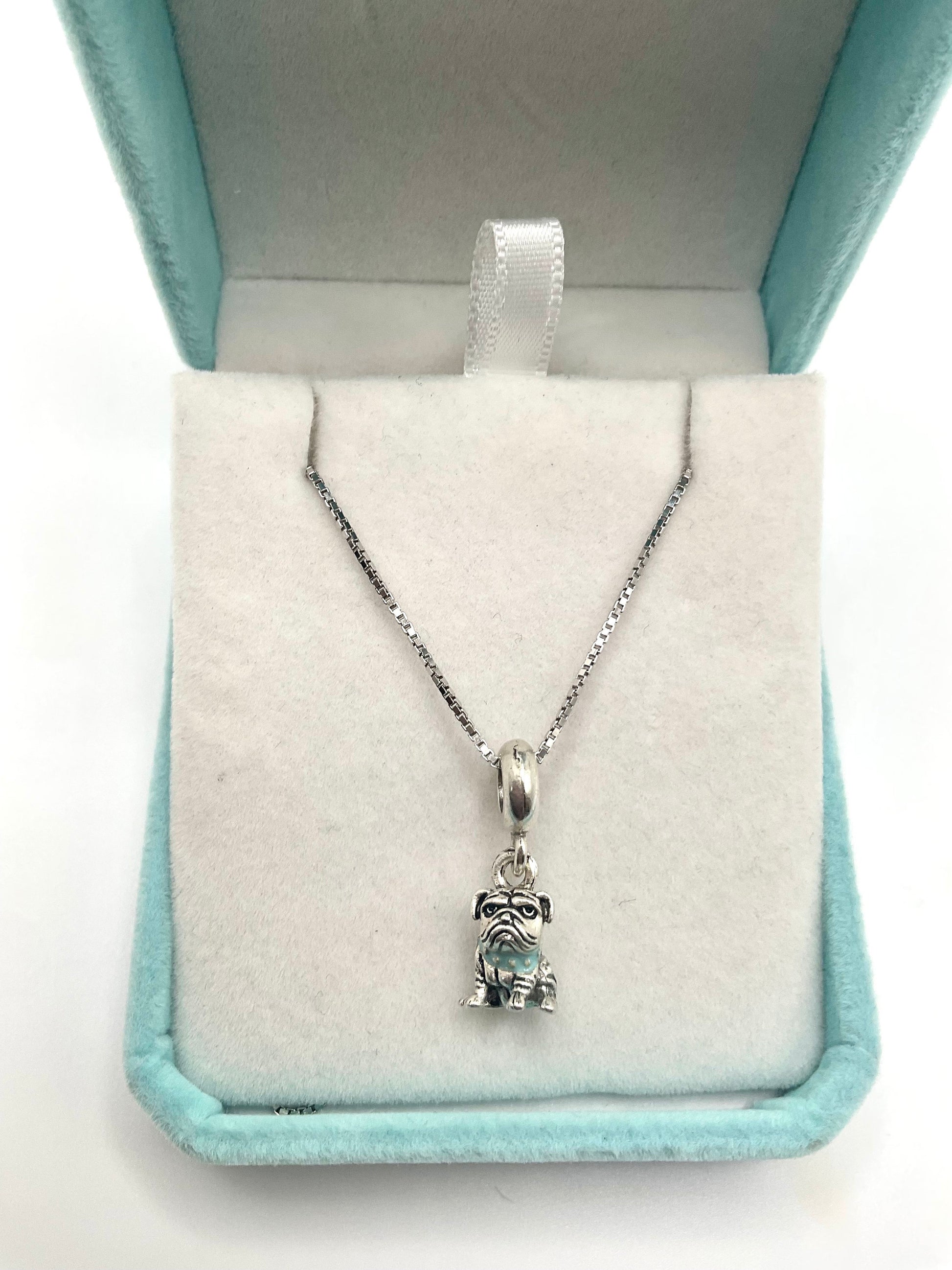 Bulldog Charm Necklace Pendant on an 18” 925 Sterling Silver Box Chain