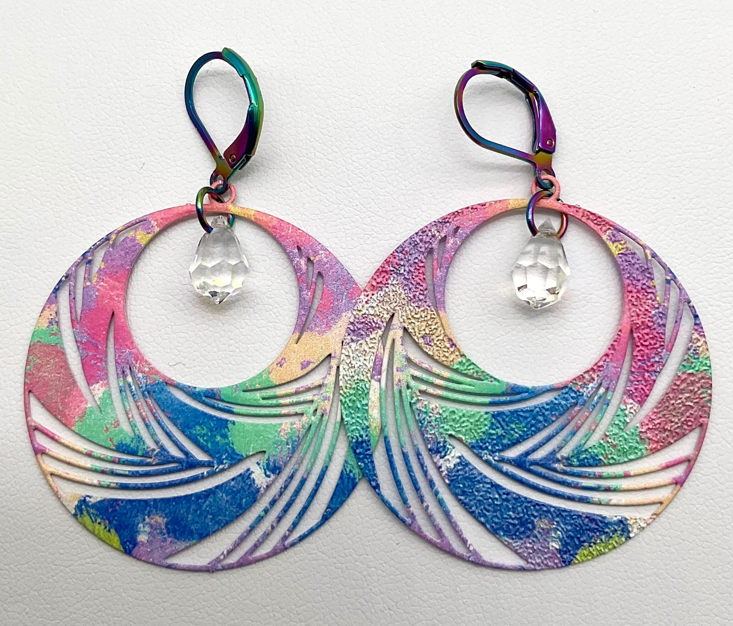 Rainbow Circle Drop Shaped Dangle Earrings with AB Crystal Accents