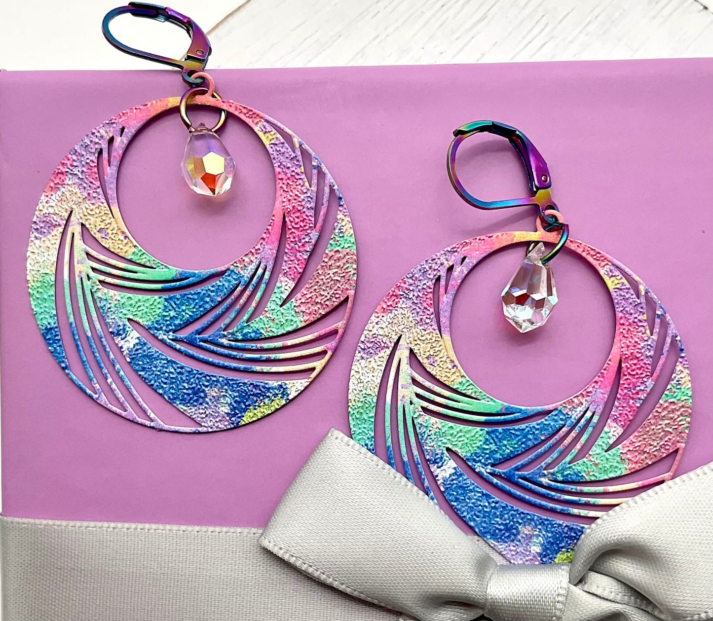 Rainbow Circle Drop Shaped Dangle Earrings with AB Crystal Accents