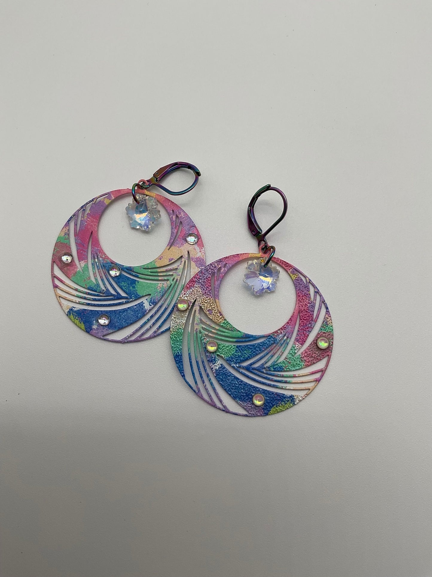 Rainbow Circle Drop Shaped Dangle Earrings with AB Crystal Accents