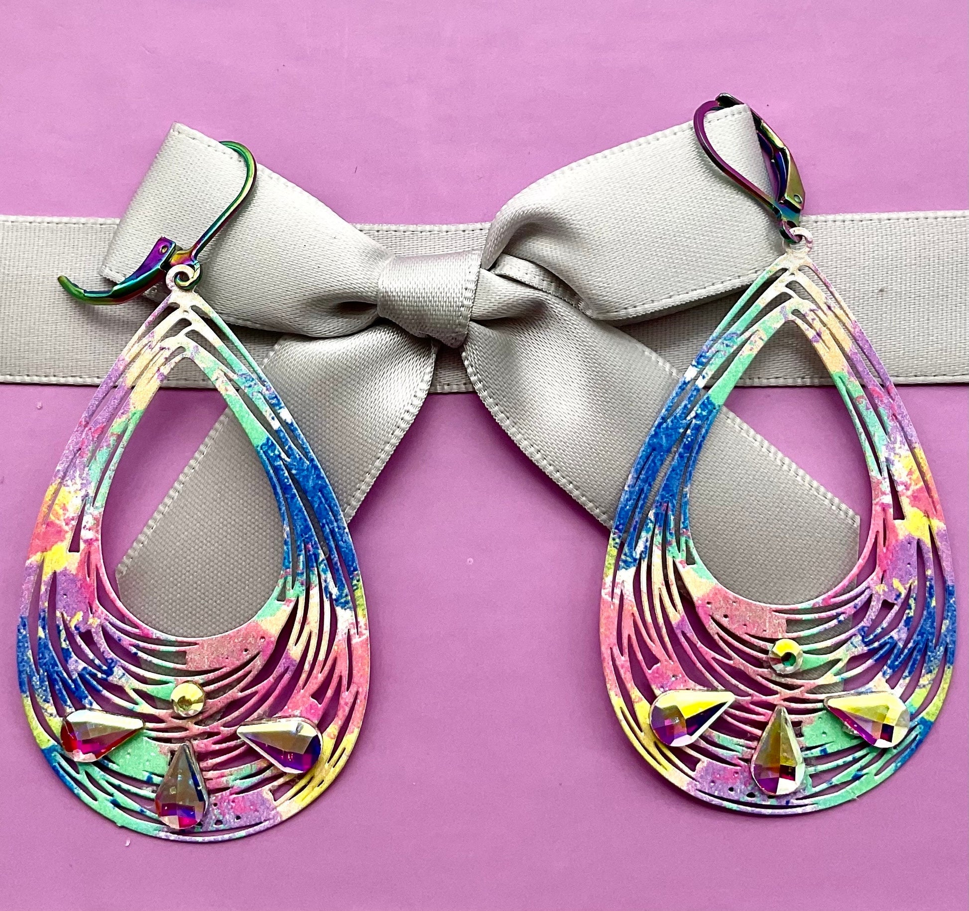 Rainbow Tear Drop Shaped Dangle Earrings with AB Crystal Accents