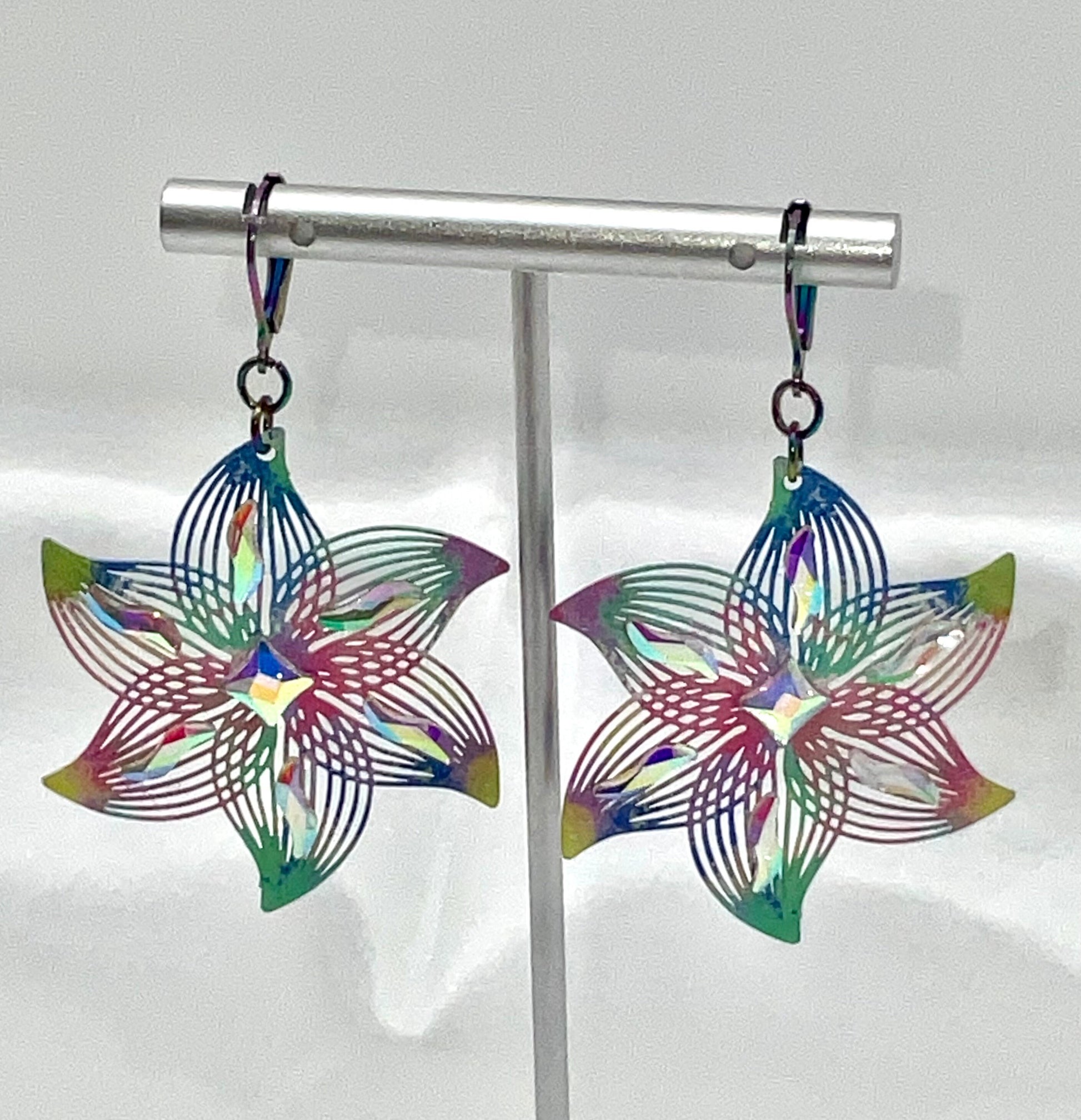Star Shaped Rainbow Dangle Earrings with AB Crystal Accents